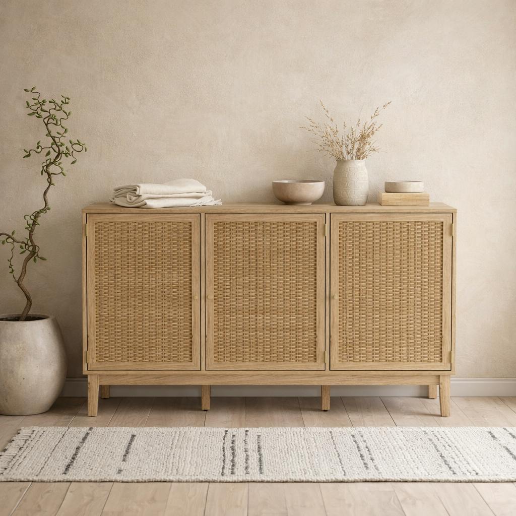 Rackhams Gold Waterford Oak Wood And Rattan Large Sideboard 3 Doors