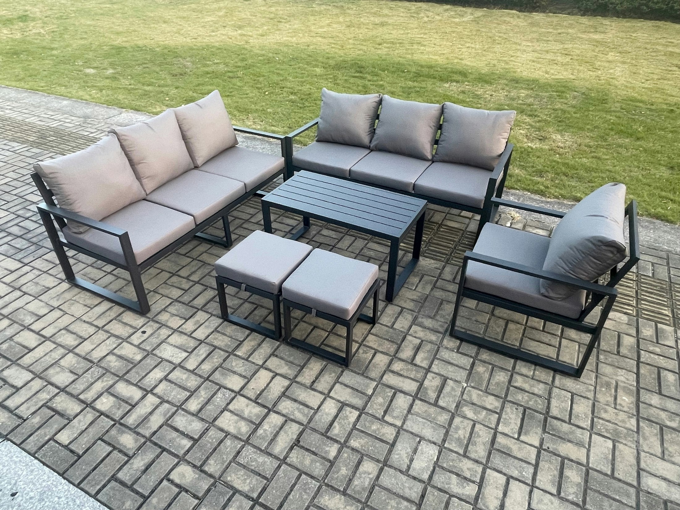 Fimous Dark/Grey Aluminium 9 Seater Garden Furniture Outdoor Patio Sofa Set With Rectangular Coffee Table Armchair 2 Small Footstool