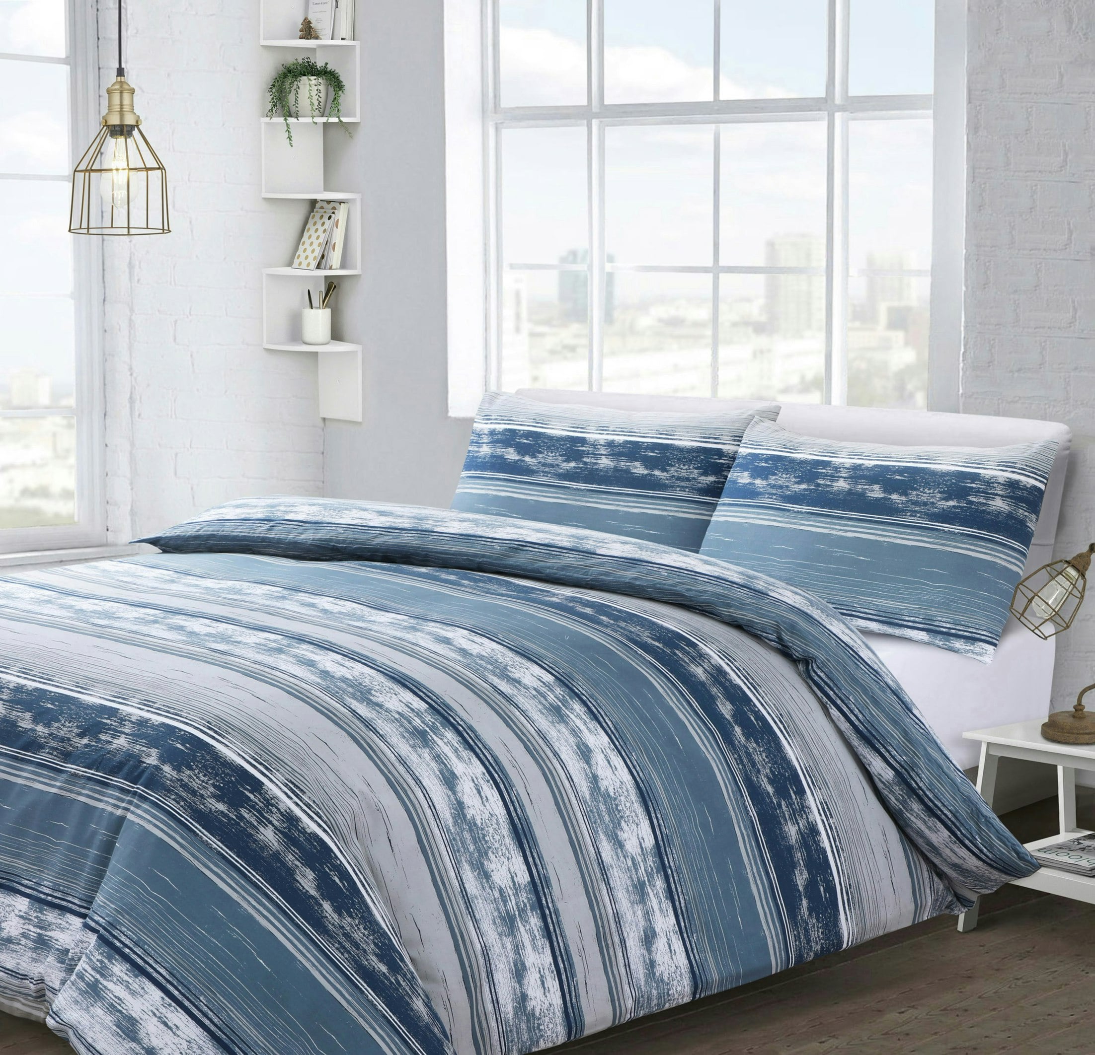 Velosso Blue Brooklyn Stripe Printed Cotton Blend Duvet Cover And Pillowcase Set - Double