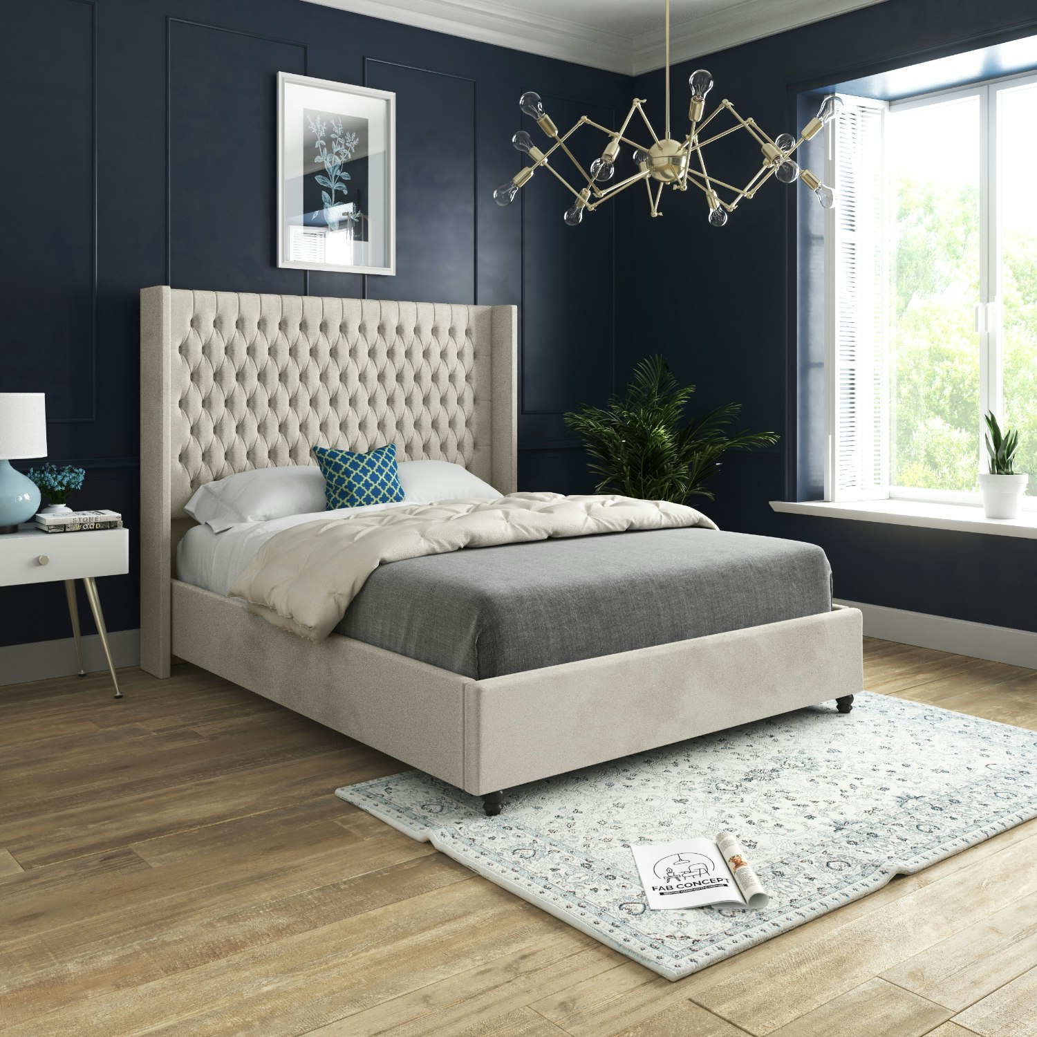 Casa Magna Cream/Silver Volta Straight Winged Upholstered Soft Velvet Bed Frame - Super King