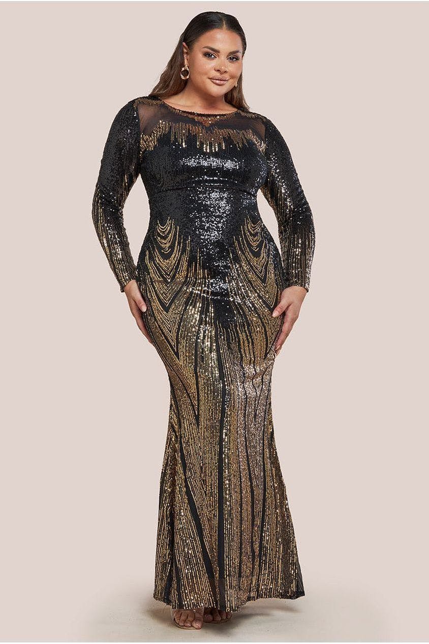 Goddiva Plus Gold Long Sleeve Aztec Sequin Maxi Dress - By - 22
