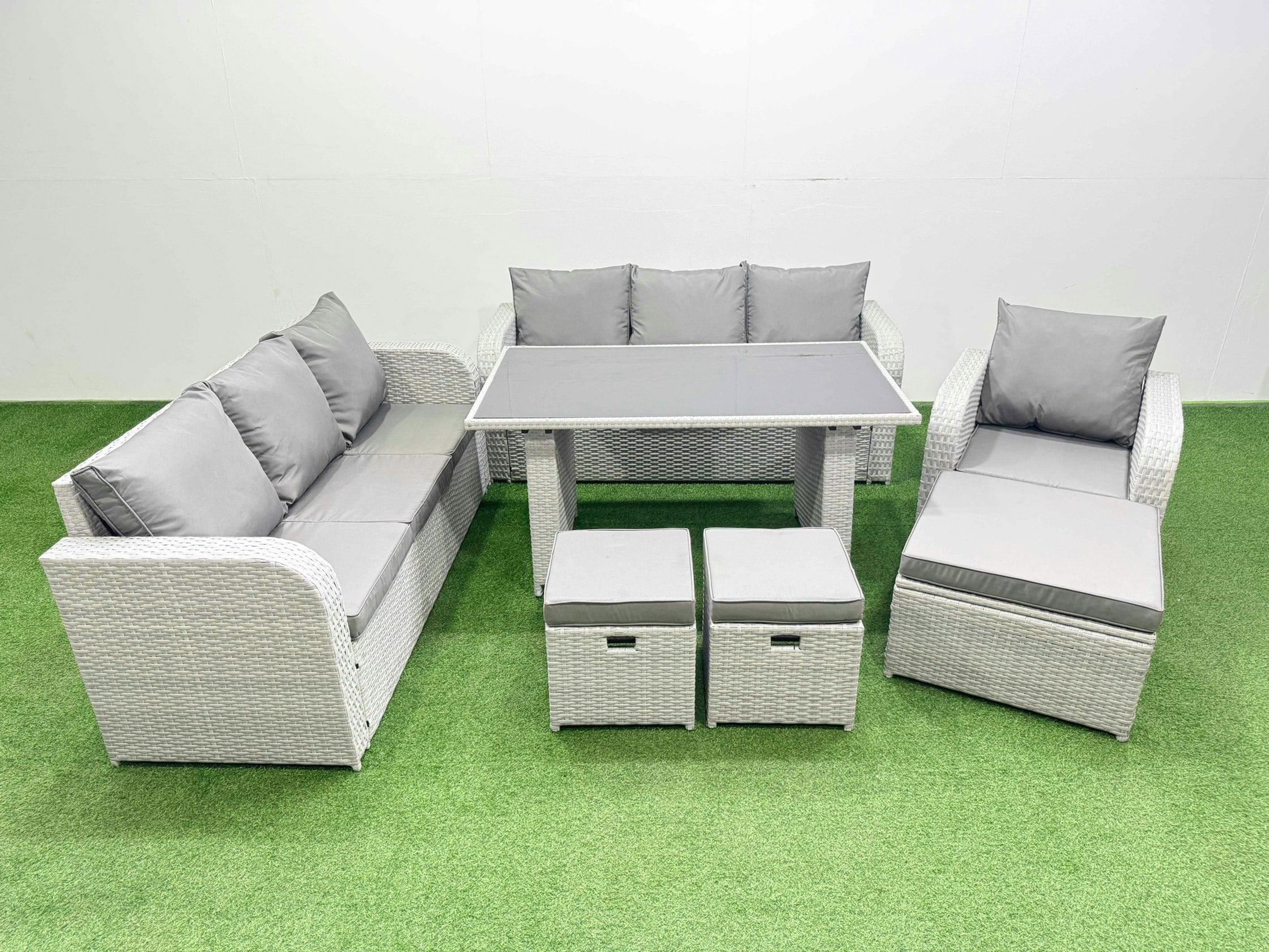 Rackhams Light/Grey Rattan Garden Furniture Dining Set 10 Seater Patio Rectangular Table Sofa Set With 3 Stools