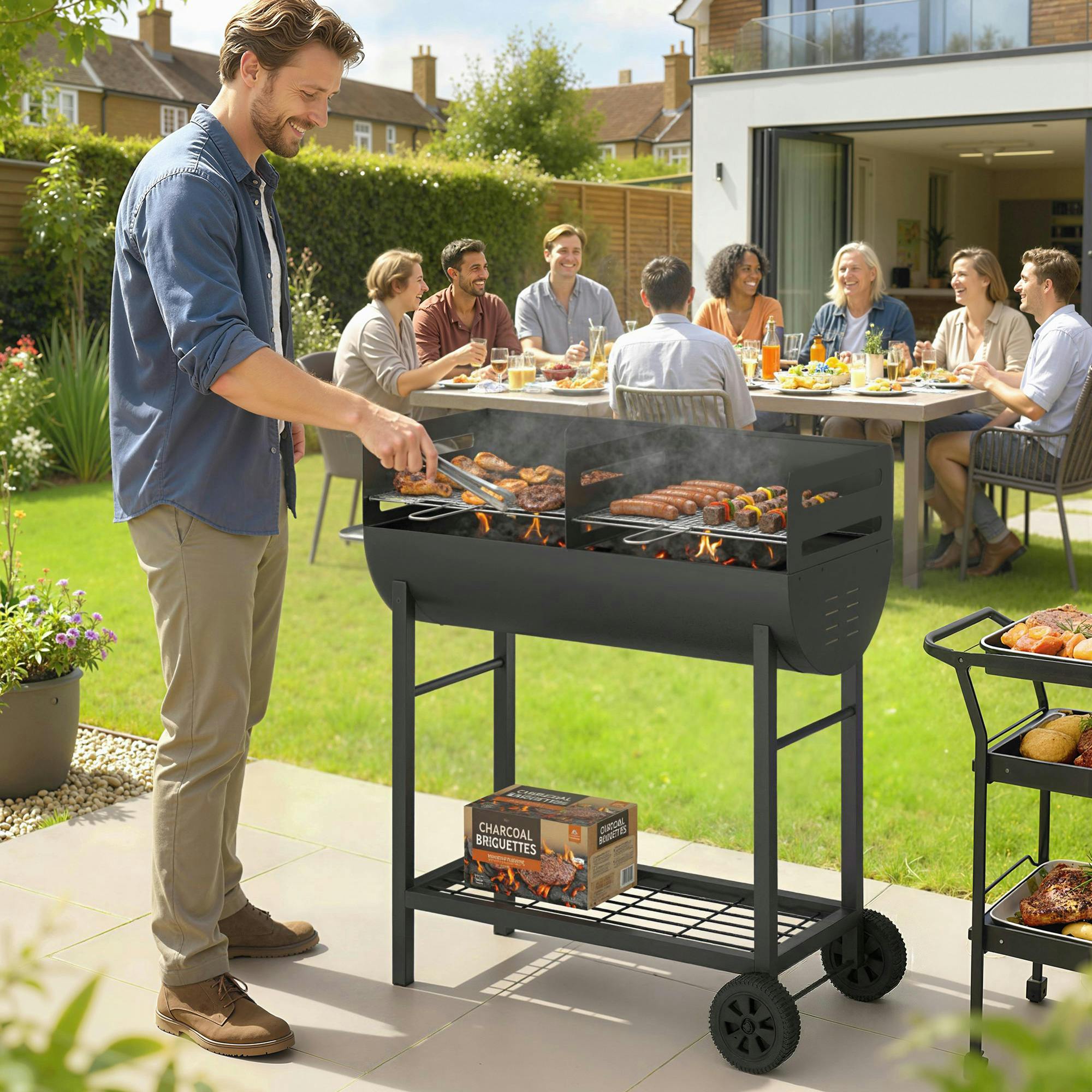 Rackhams Black Charcoal Barbecue Grill With 2 Cooking Areas, Wheels - Bottom Storage Shelf - Charcoal Grill - 1