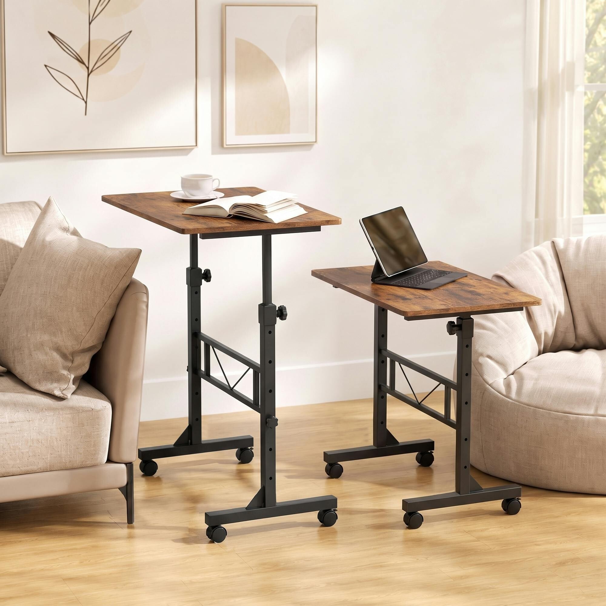 Homcom Brown Overbed Table Adjustable Height With Steel Frame - Rustic