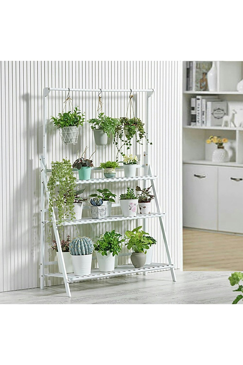 Rackhams White 3-Tier Foldable Wooden Ladder Shelf With Hanging Rod