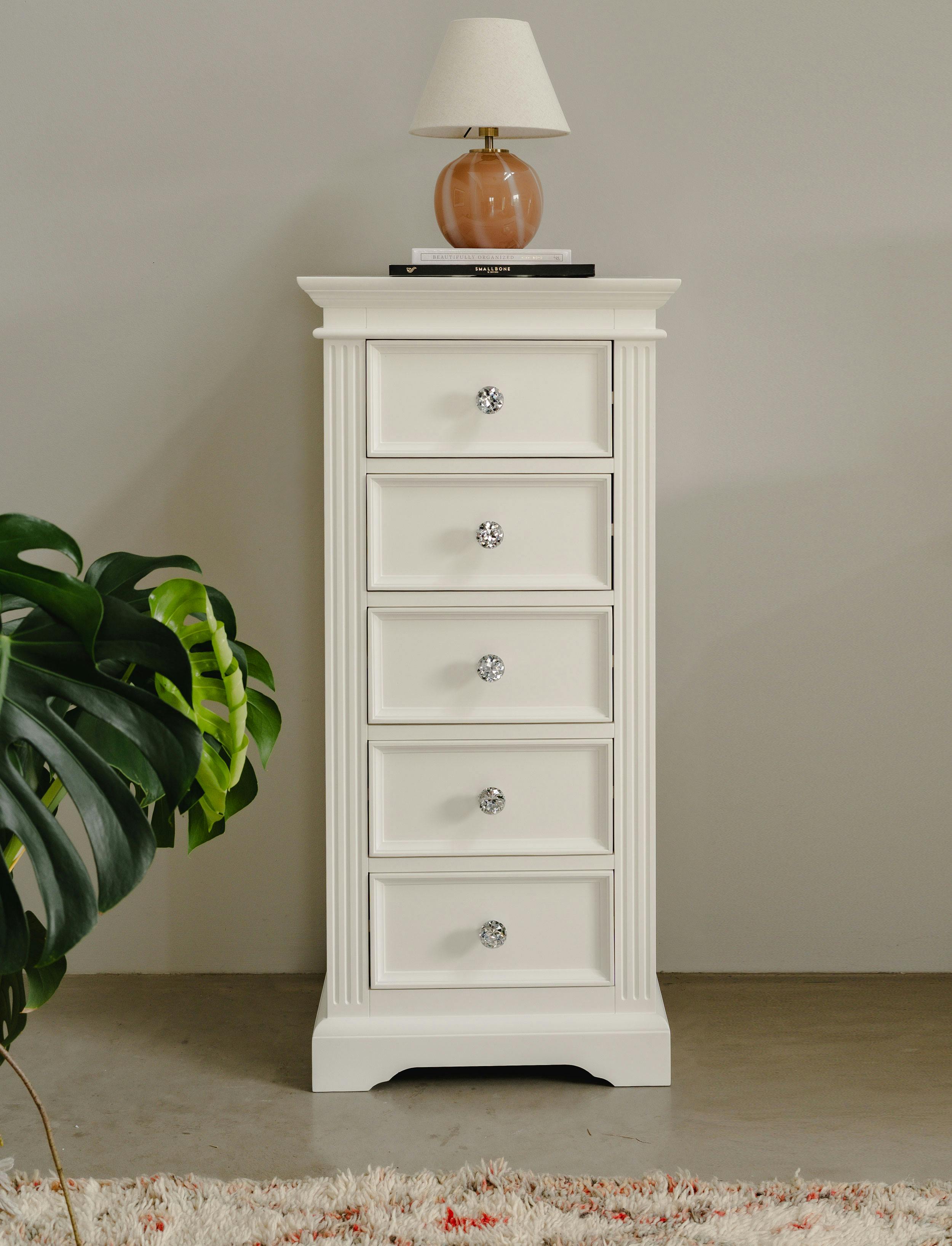 Statement Furniture White Gainsborough Tallboy With 5 Drawers And Crystal Handles - Tall - Wood