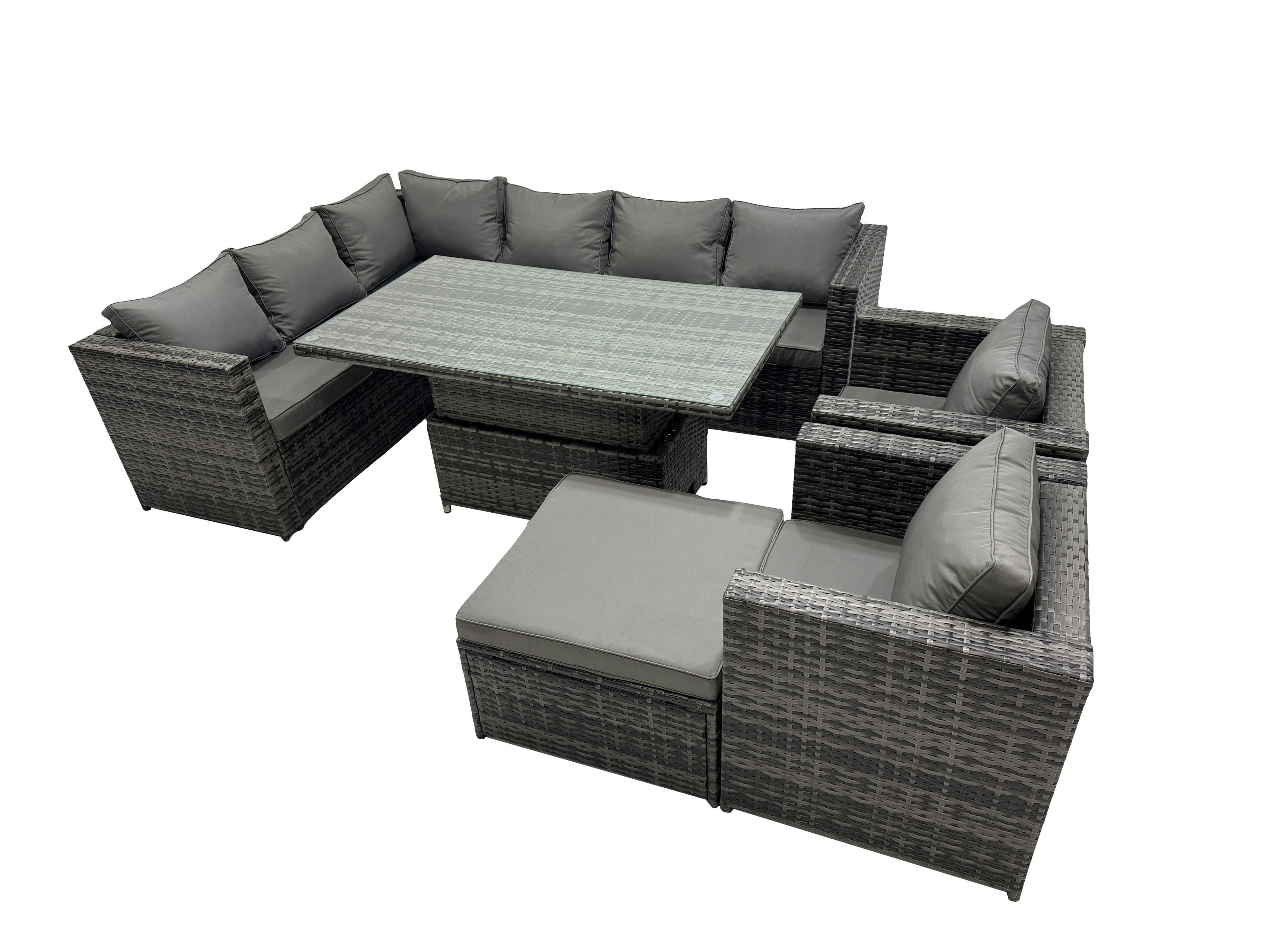 Fimous Dark/Grey 9 Seater Height Adjustable Rising Lifting Table Corner Sofa Set Rattan Garden Furniture Dining Set With Big Stool Mixed