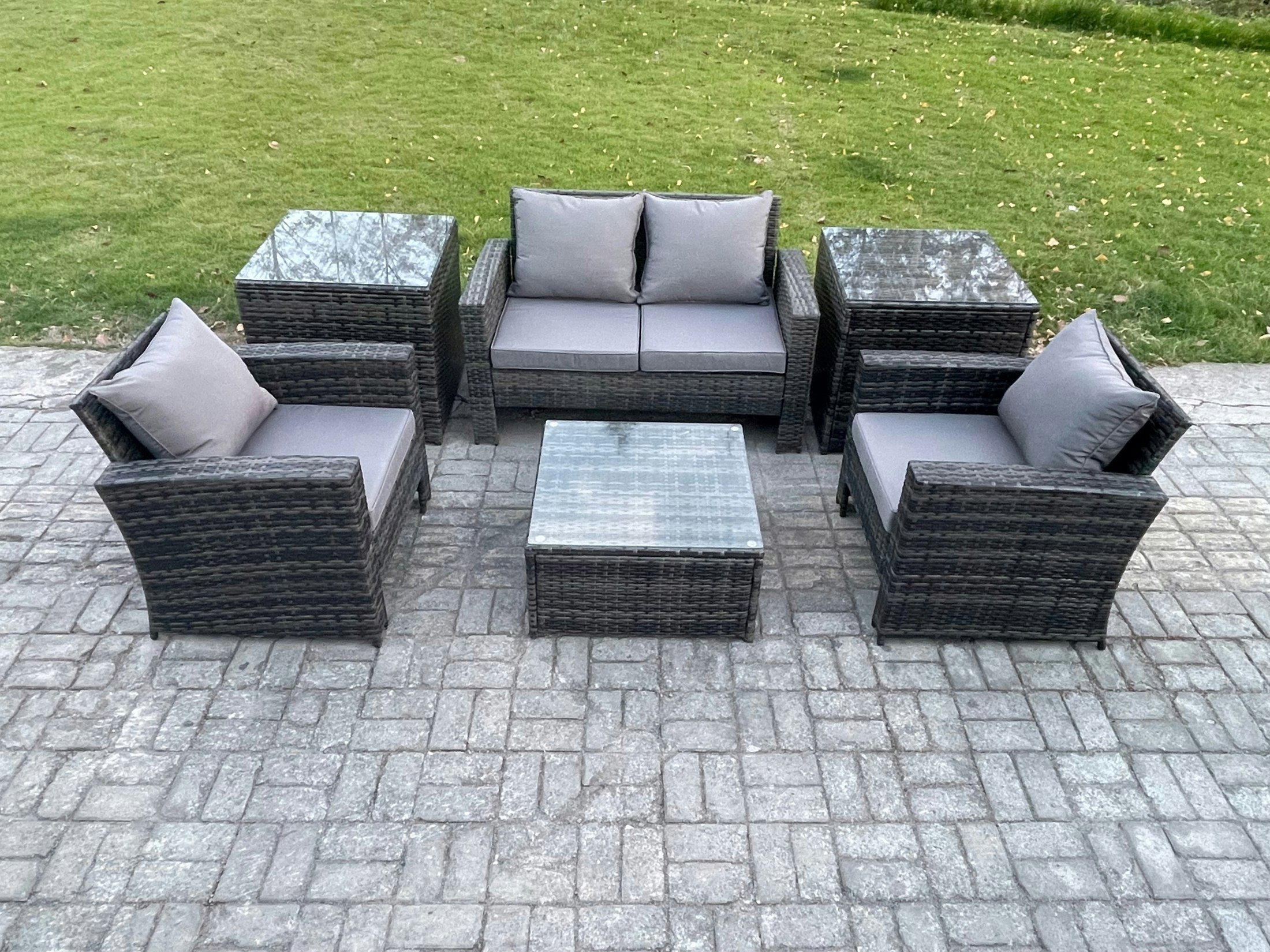 Rackhams Dark/Grey Outdoor Lounge Sofa Set Wicker Pe Rattan Garden Furniture Set With Armchair Square Coffee Table Double Seat Sofa 2 Side Tables Mixed