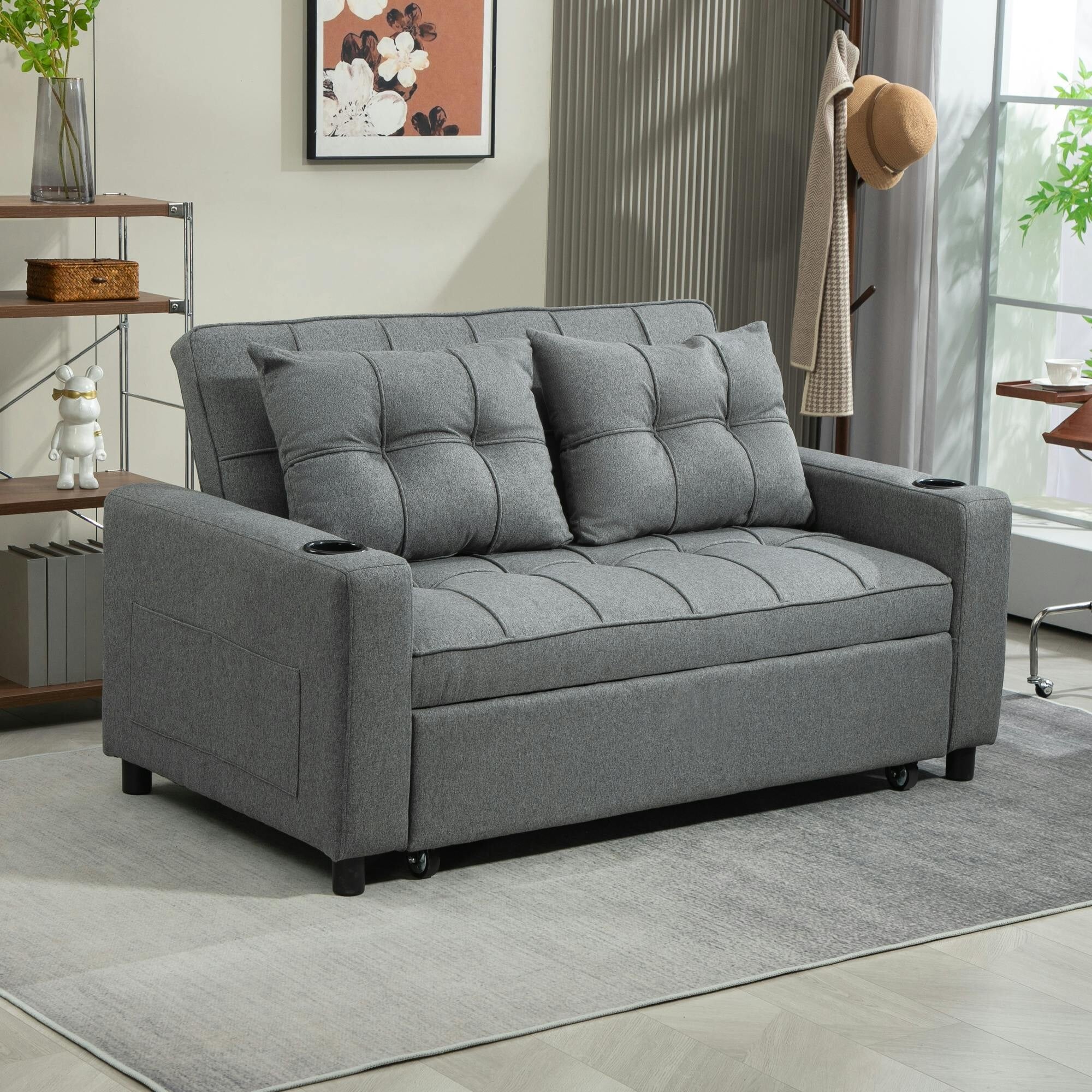 Homcom Dark/Grey 2 Seater Pull Out Sofa Bed With Pockets For Living Room