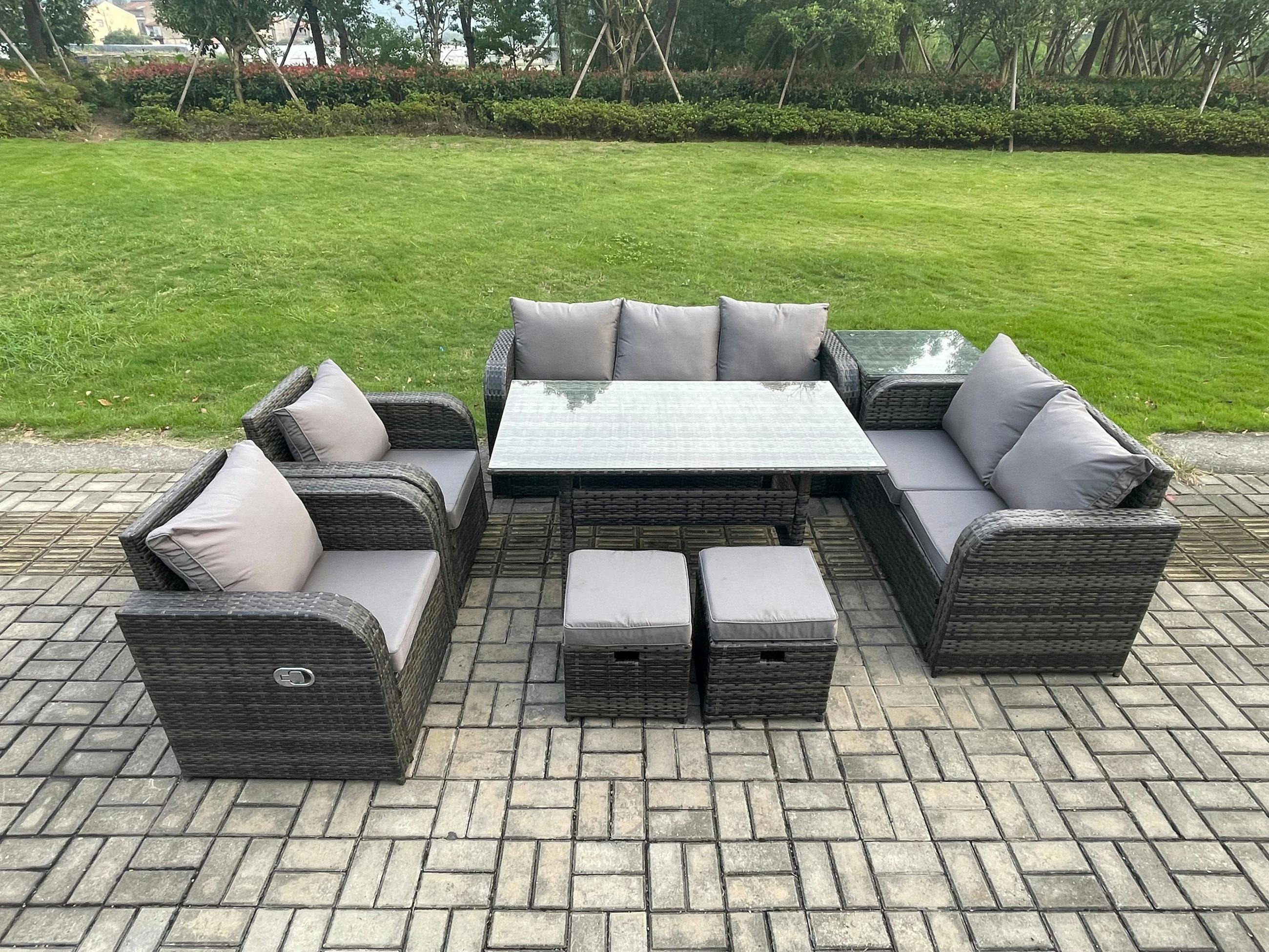 Fimous Dark/Grey Pe Wicker Rattan Garden Furniture Patio Set, Reclining Chair,2 Seater Sofa, Dining Table, 2 Small Footstools, Side Tables, 9 Seater