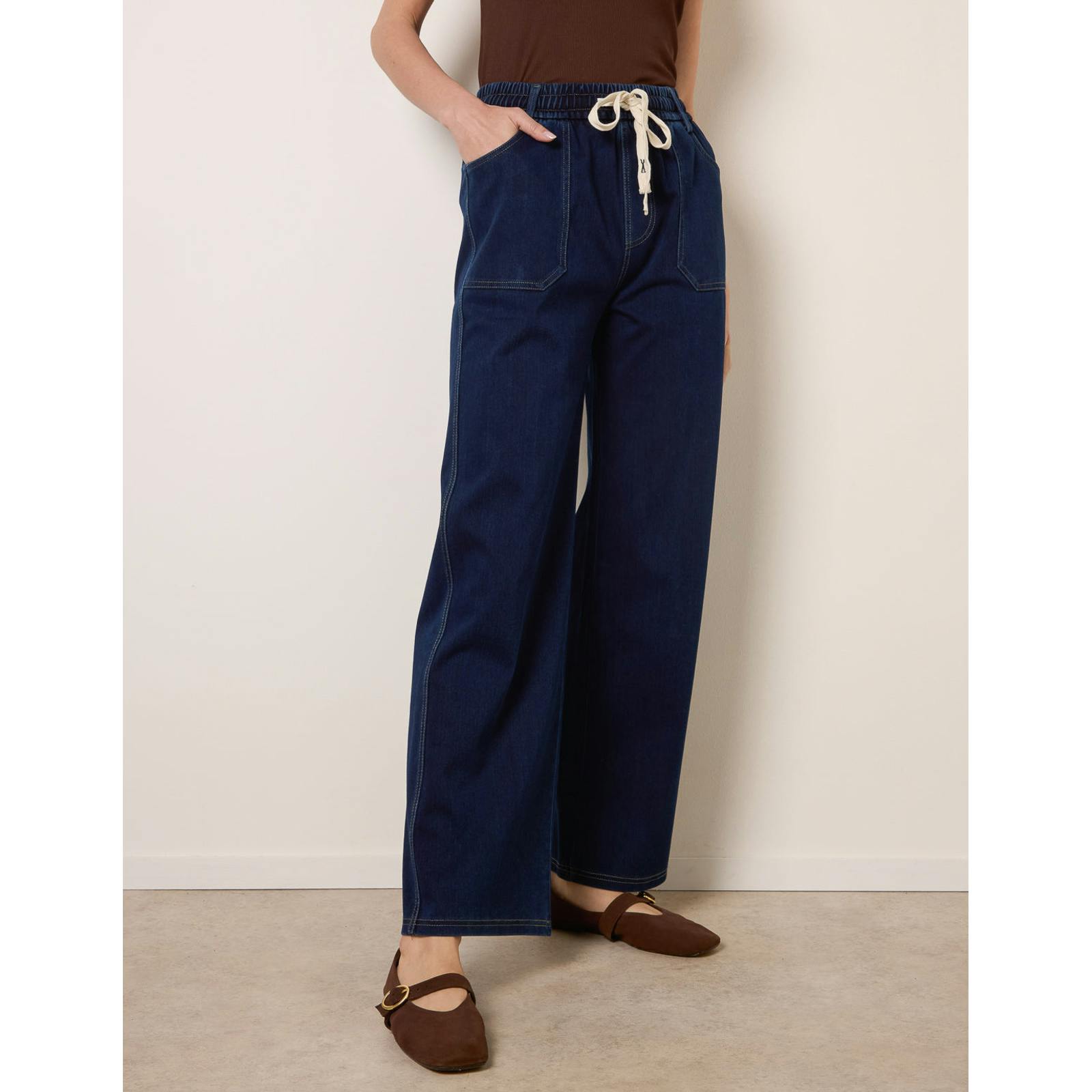 Blue Vanilla Contrast Drawstring Waist Wide Leg Trousers - L - Navy