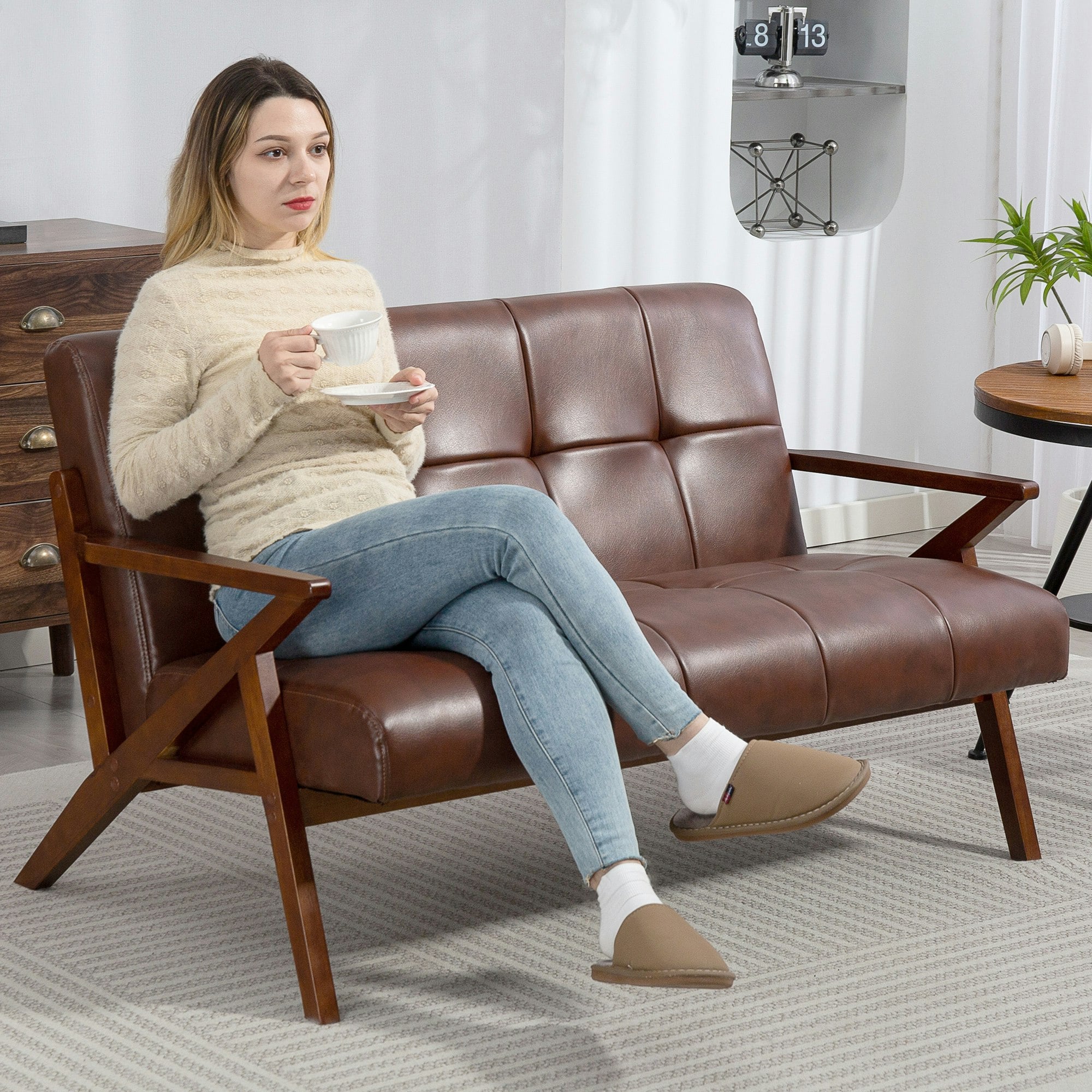 Rackhams Brown Compact Small Sofa With Solid Wood Frame, Vintage 2 Seater Sofa - 1 - Loveseat