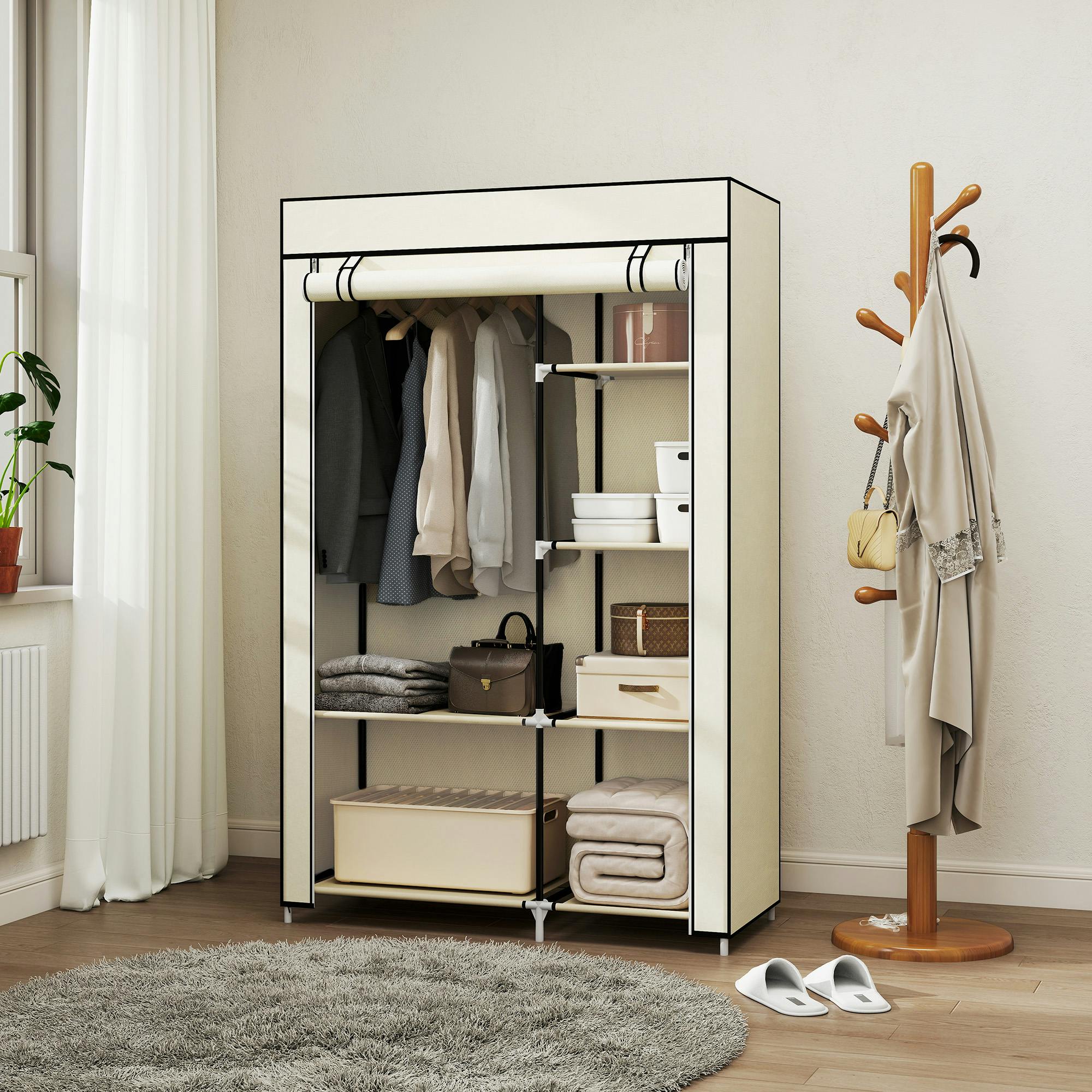 Rackhams Cream Fabric Wardrobe W/ Shelves Hanging Rail Foldable Closets