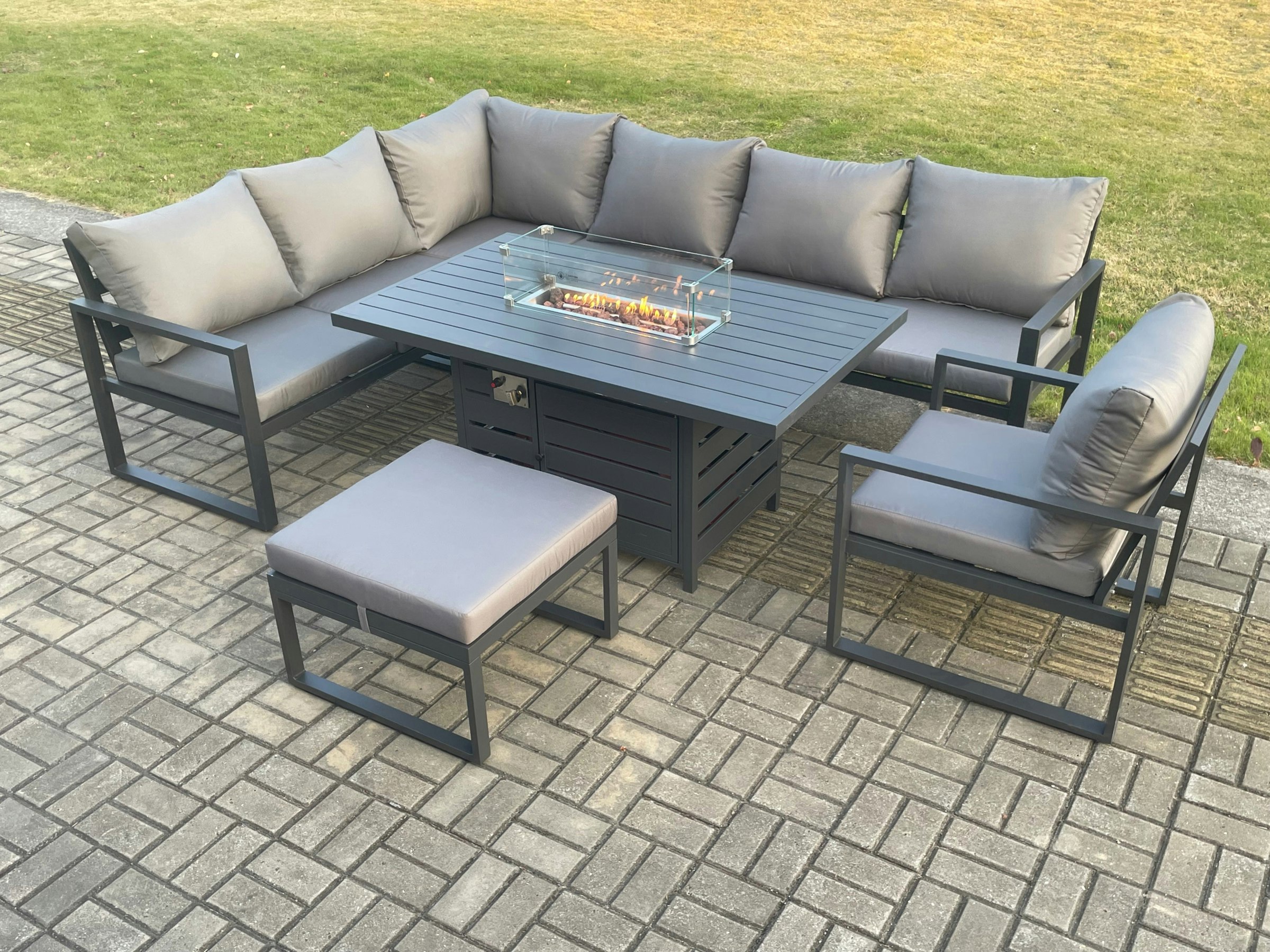Rackhams Dark/Grey Aluminium Outdoor Garden Furniture Corner Sofa Gas Fire Pit Dining Table Sets Gas Heater Burner With Chair Big Footstool 8 Seater