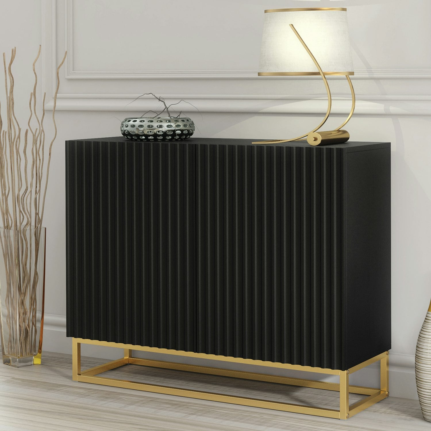 Mex Furniture Black/Gold Graceful Sideboard With Fluted Fronts & Legs – 100Cm Storage Unit - 100Cm - Mdf/Chipboard