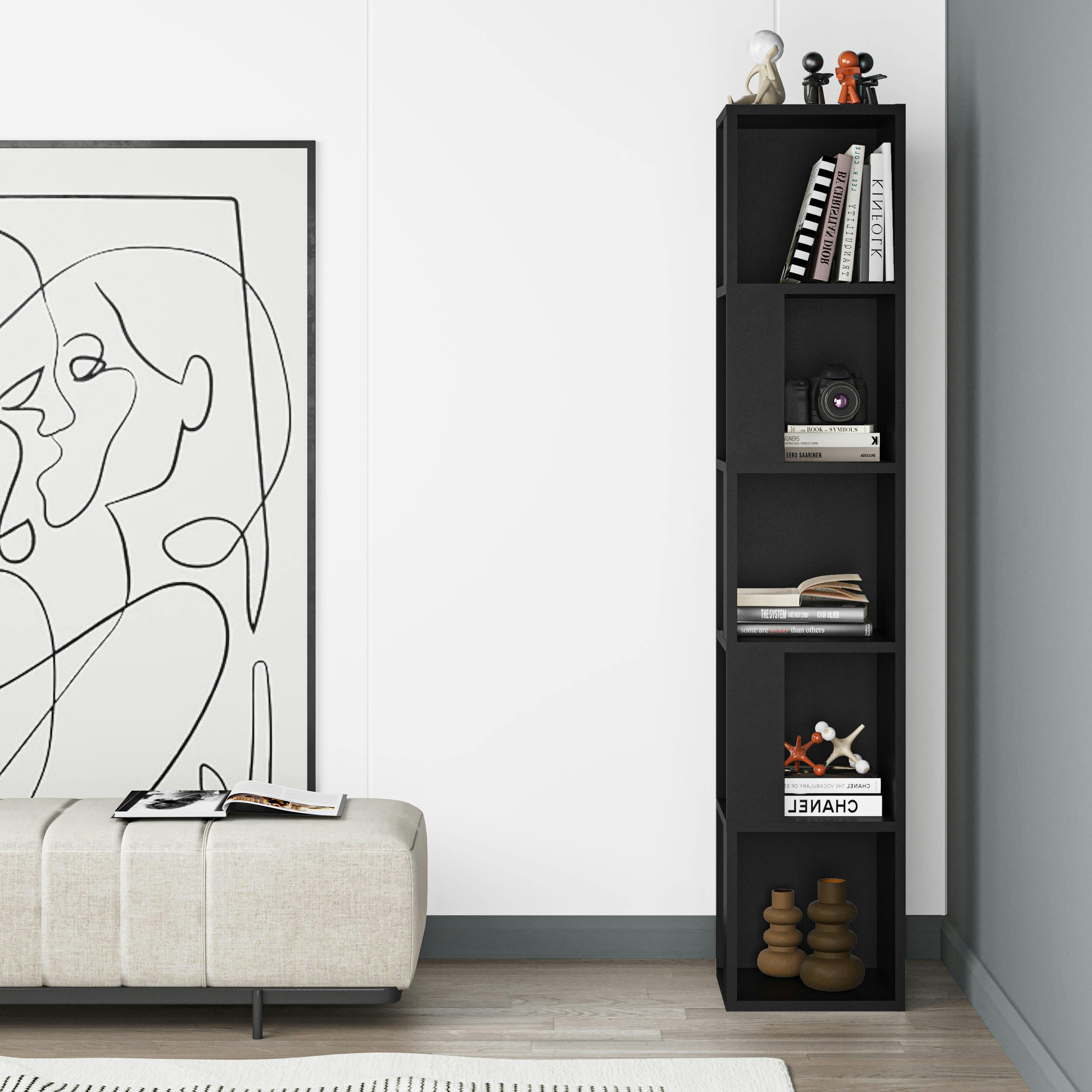 Rackhams Black Piano Modern Corner Bookcase Tall Display Unit 158.9Cm