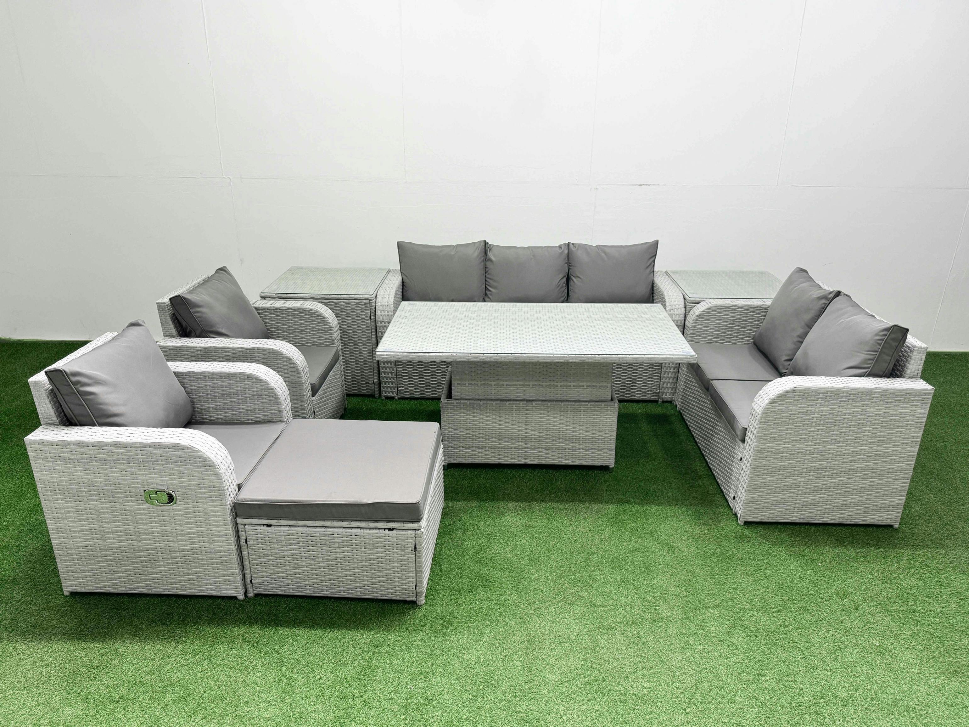 Fimous Light/Grey 7 Seater Rattan Garden Furniture Set With Adjustable Height Table, 2 Sofas, 2 Reclining Chairs, 1 Footstool & 2 Side Tables