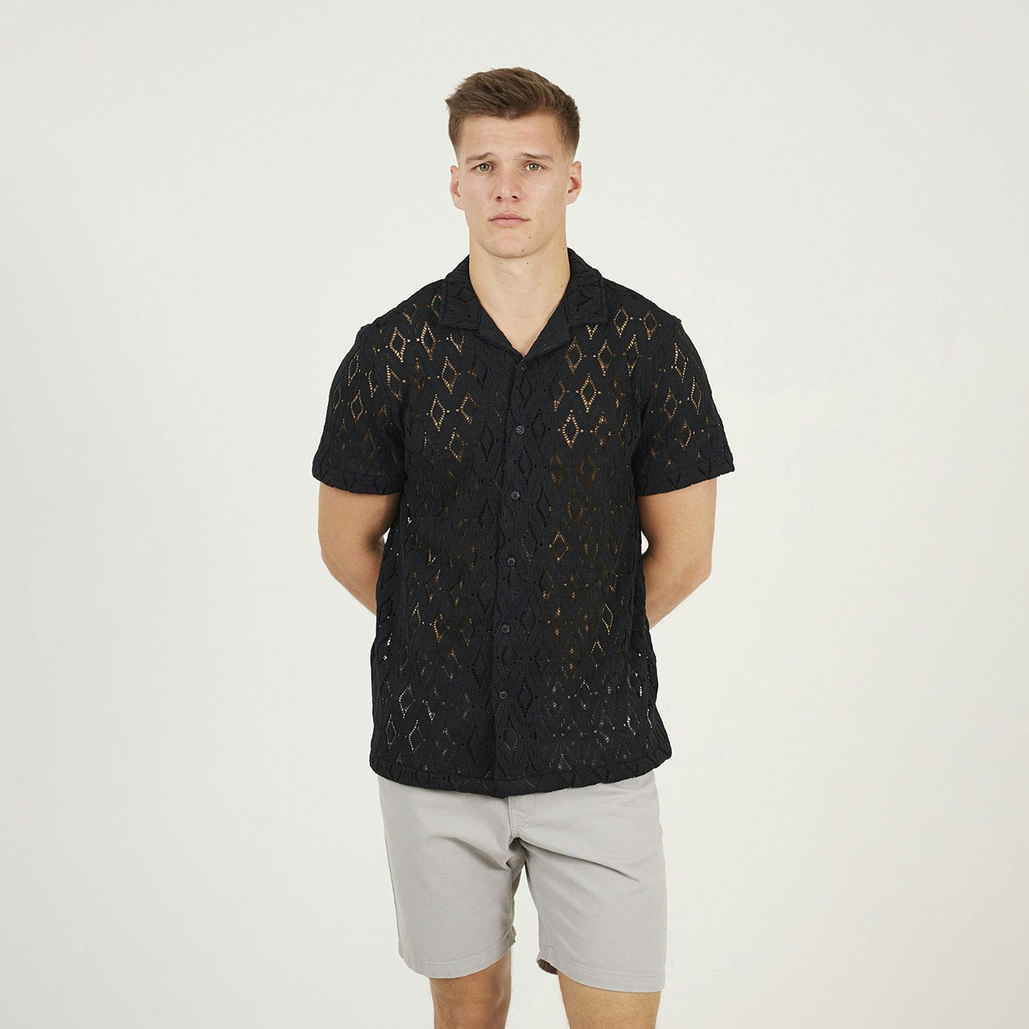 Brave Soul Black Geometric Crochet Short Sleeve Shirt - Xl