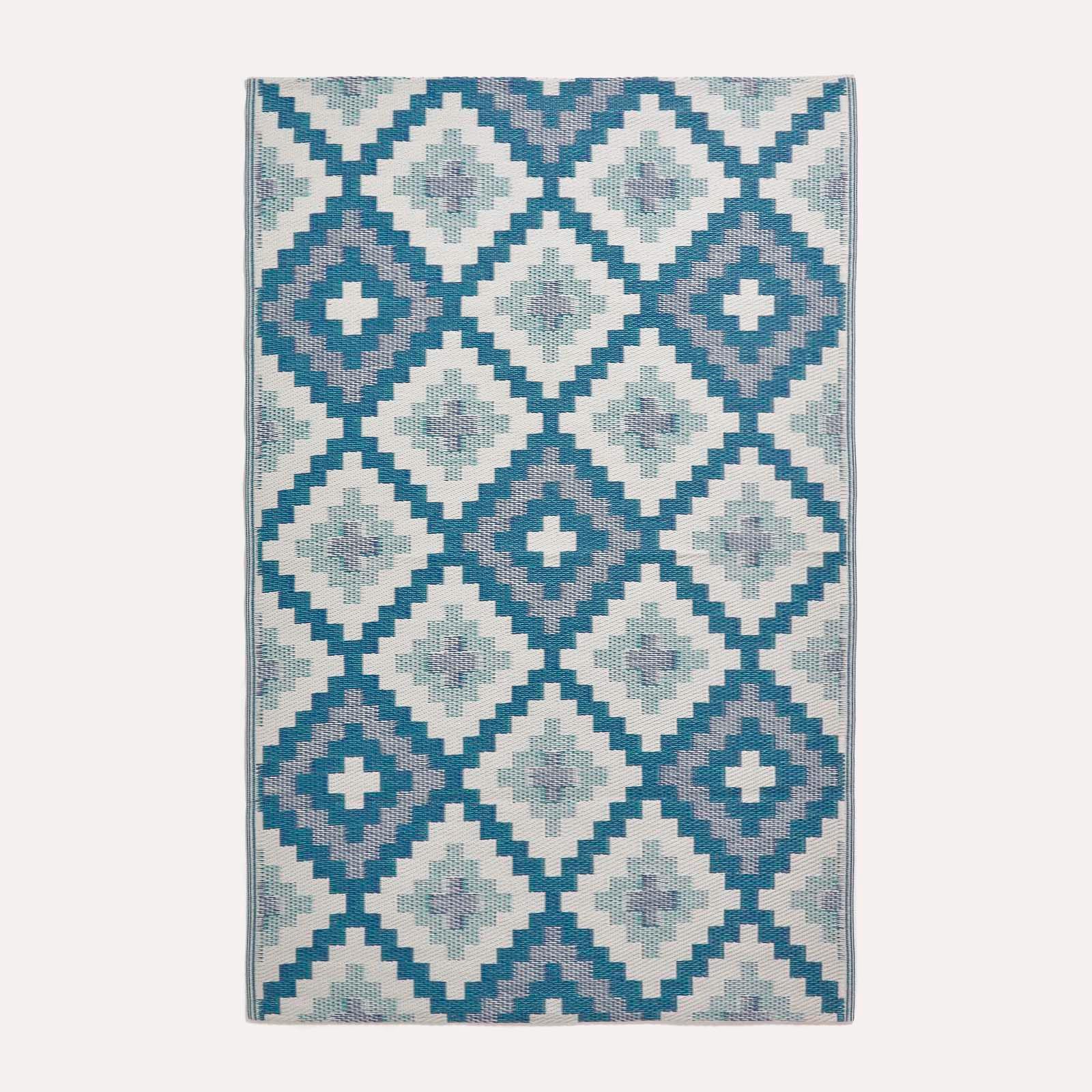 Rackhams Blue Outdoor Rug Luxury Waterproof Reversible Recycled, For Garden, Mia Aztec - 180 X 270 Cm