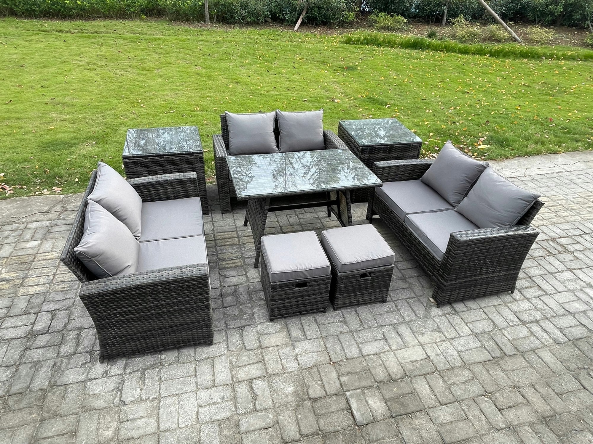Fimous Dark/Grey Outdoor Lounge Sofa Set - Mixed Wicker Rattan Garden Furniture With Rectangular Dining Table & 2 Footstools