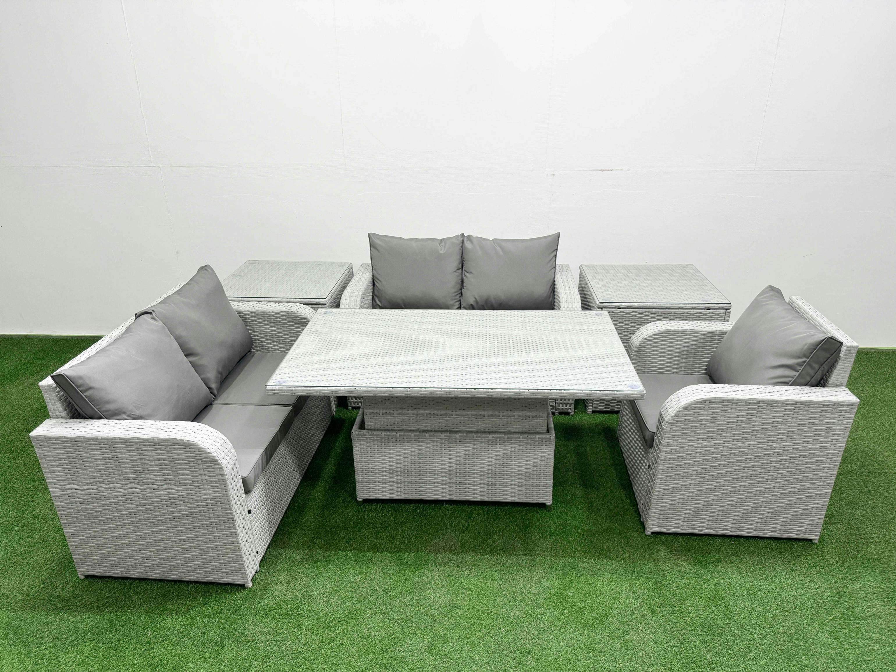 Fimous Light/Grey High Back Poly Rattan Garden Furniture Set, Adj Height Table, Reclining Loveseat, Indoor Outdoor Patio And 2 Side Tables,