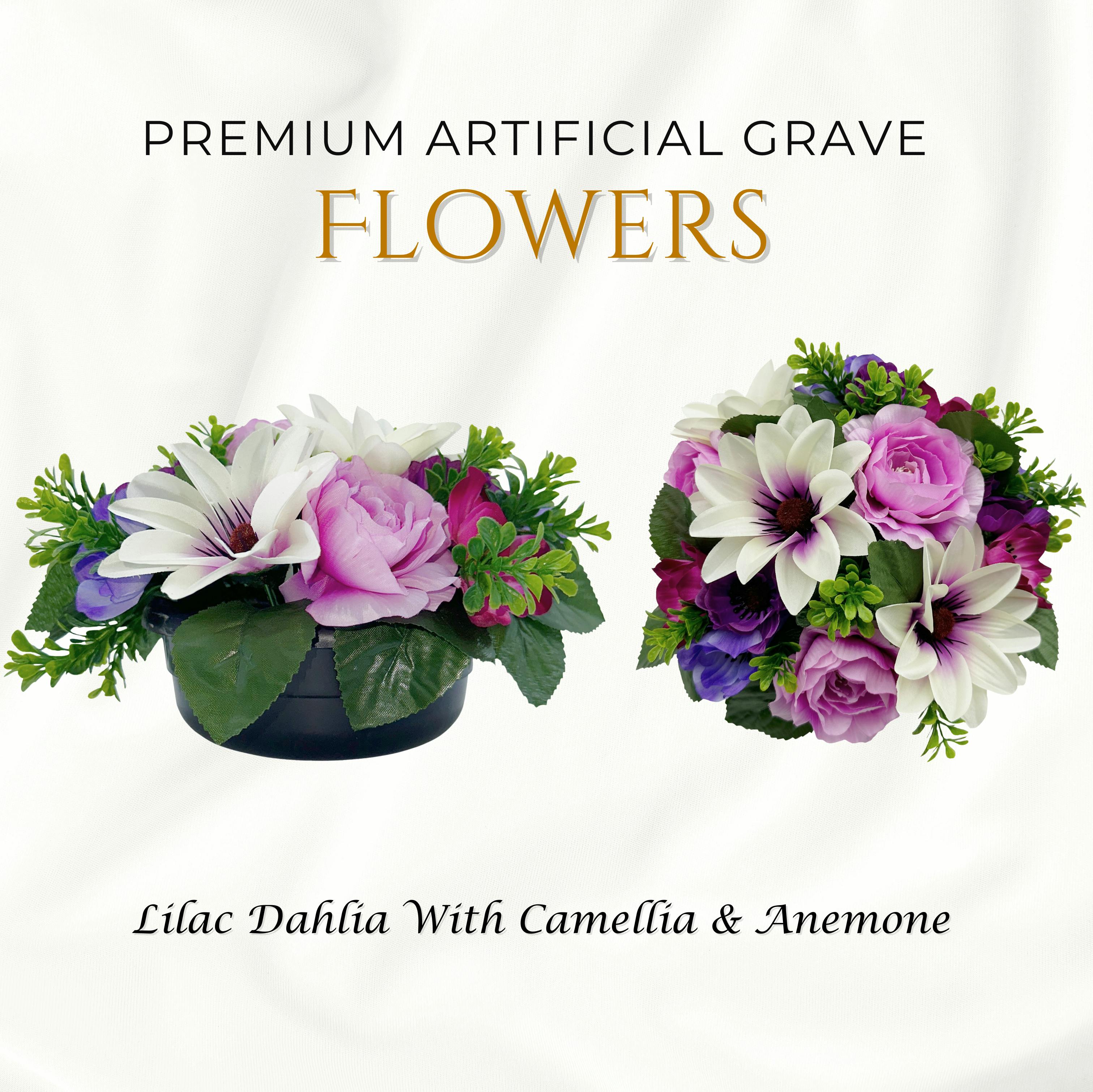 Rackhams Lilac Premium Artificial Grave Flowers – 24Cm Dahlia With Camellia & Anemone | Weighted Pot