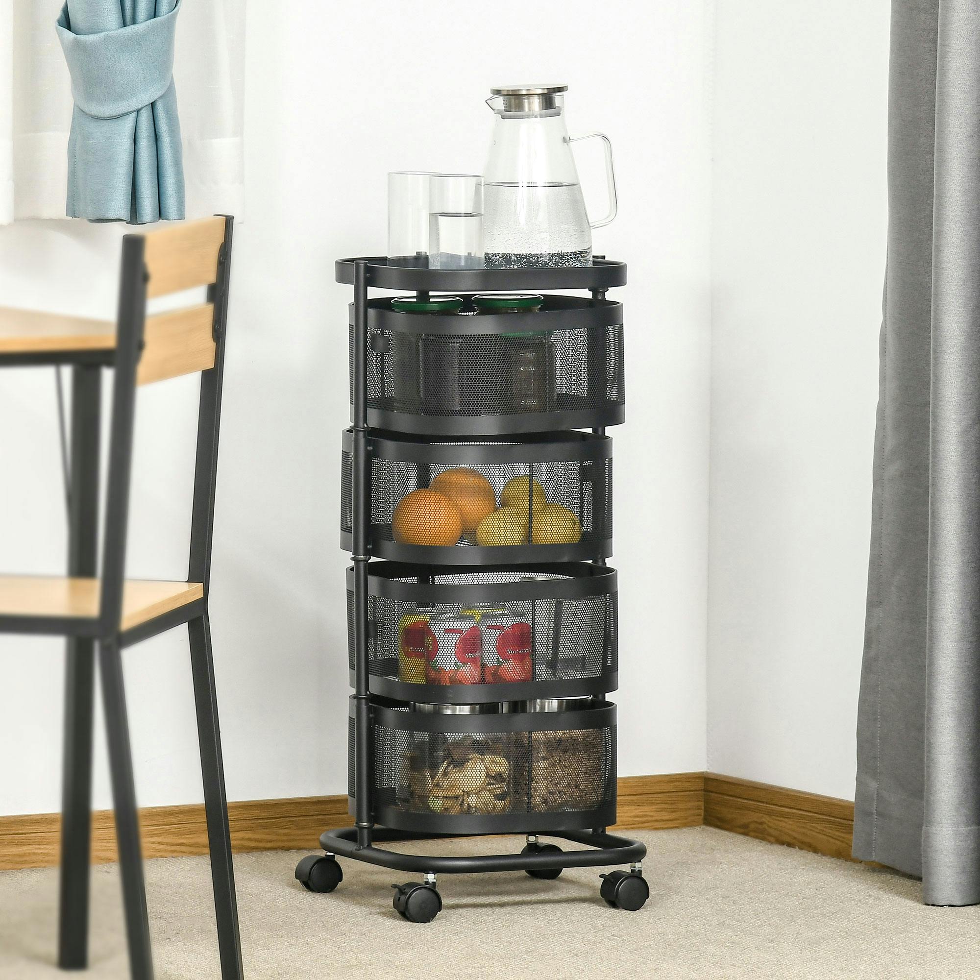 Rackhams Black Metal Storage Cart With Top Tray And 4 Mesh Baskets,