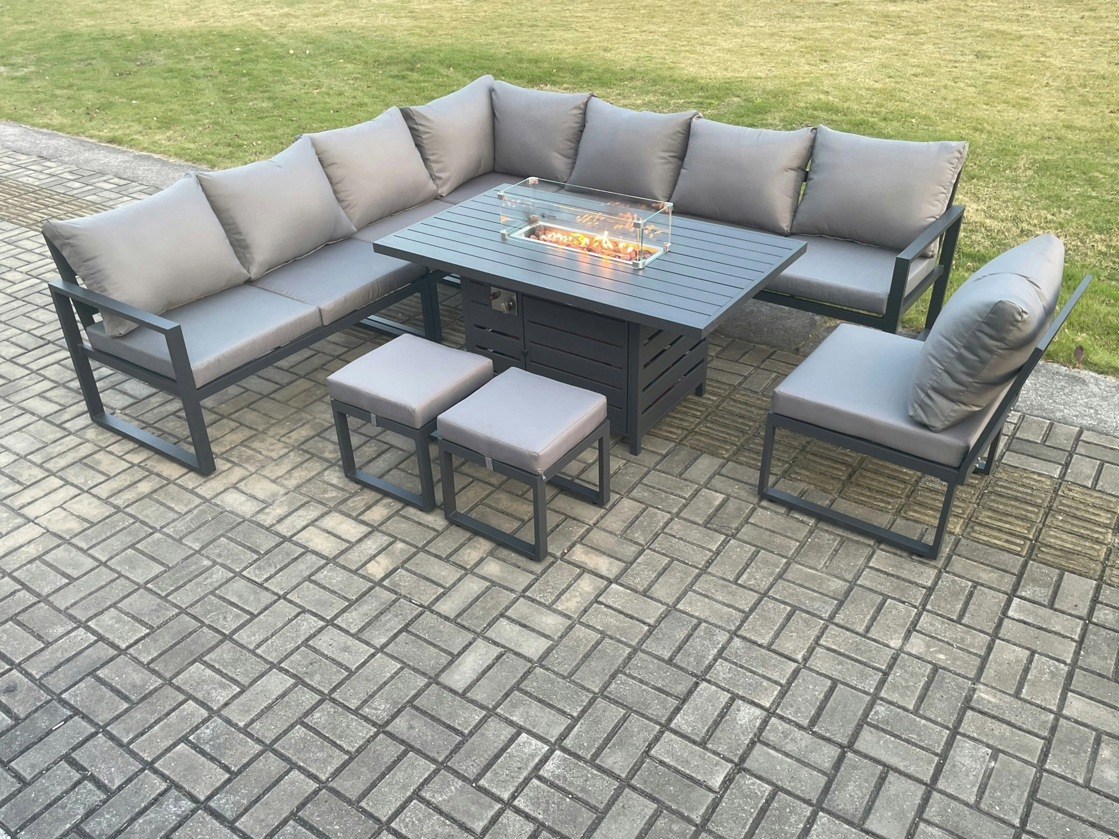 Fimous Dark/Grey Aluminium Lounge Corner Sofa Outdoor Garden Furniture Sets Gas Fire Pit Dining Table Set With 2 Small Footstools