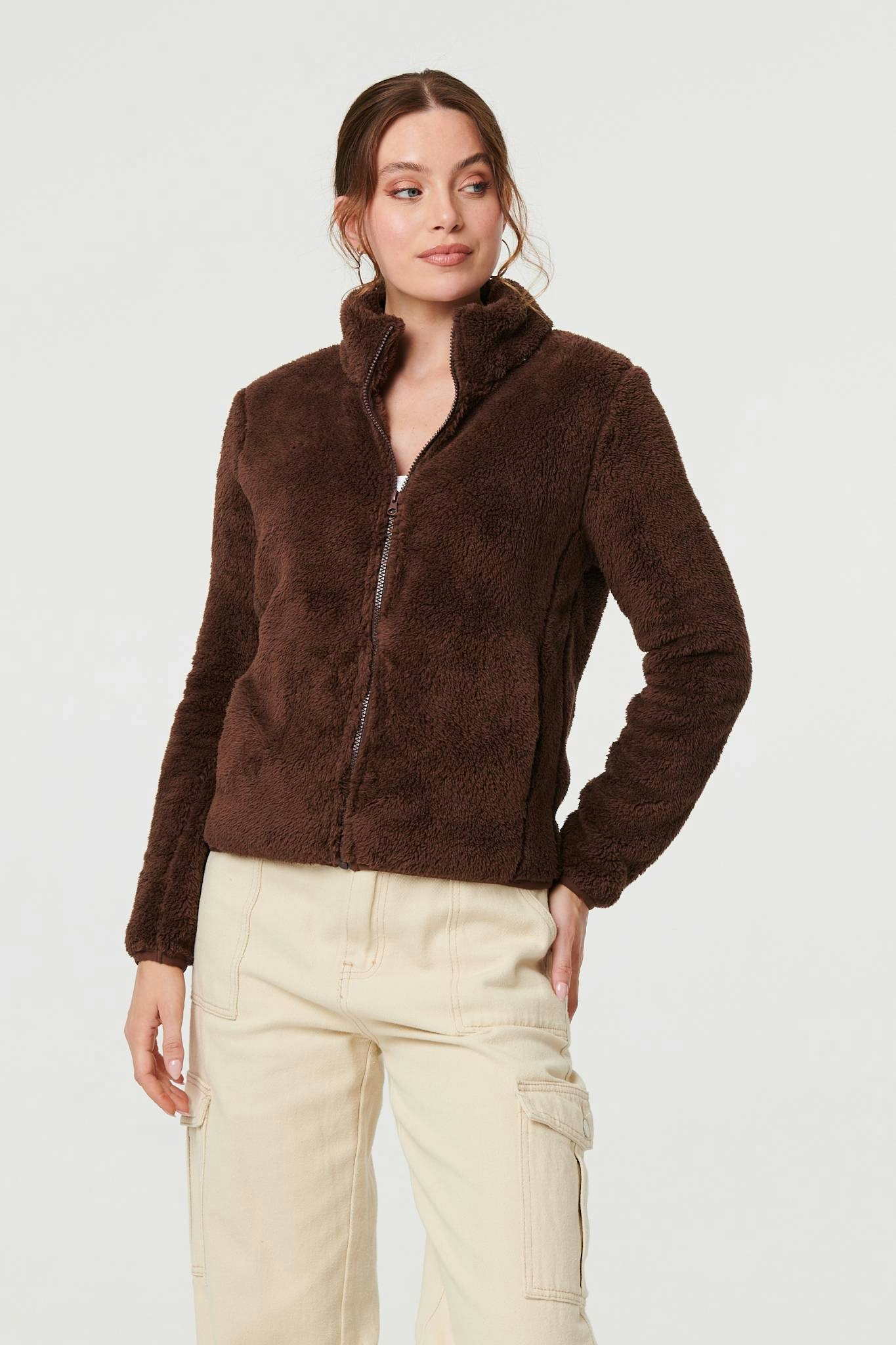 Izabel London Brown Soft Texture Zip Front High Neck Fleece - 18