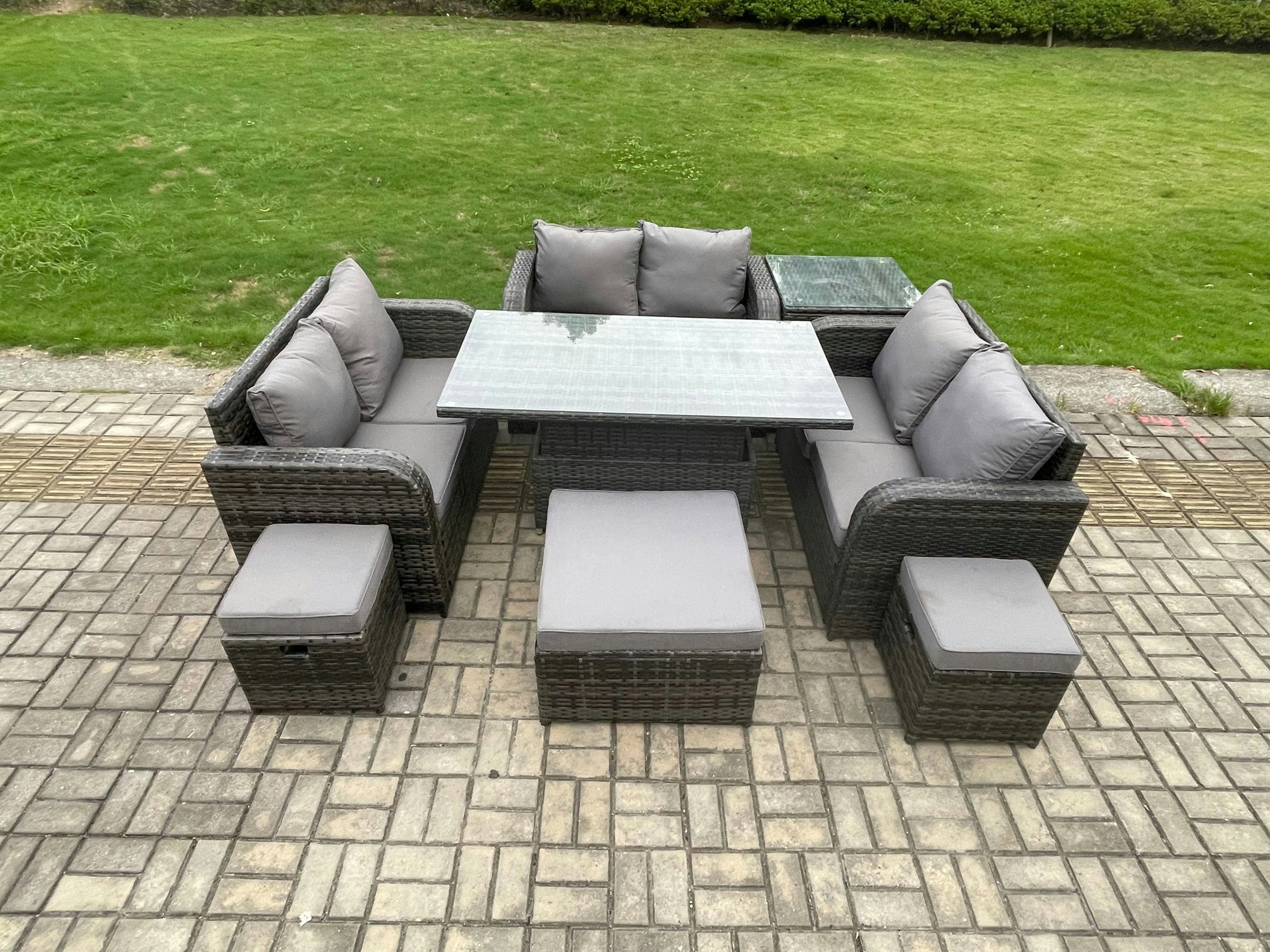 Fimous Rattan Garden Outdoor Furniture 3 Pc Love Sofa Set Adjustable Rising Lifting Dining Table With Side Table 3 Footstools