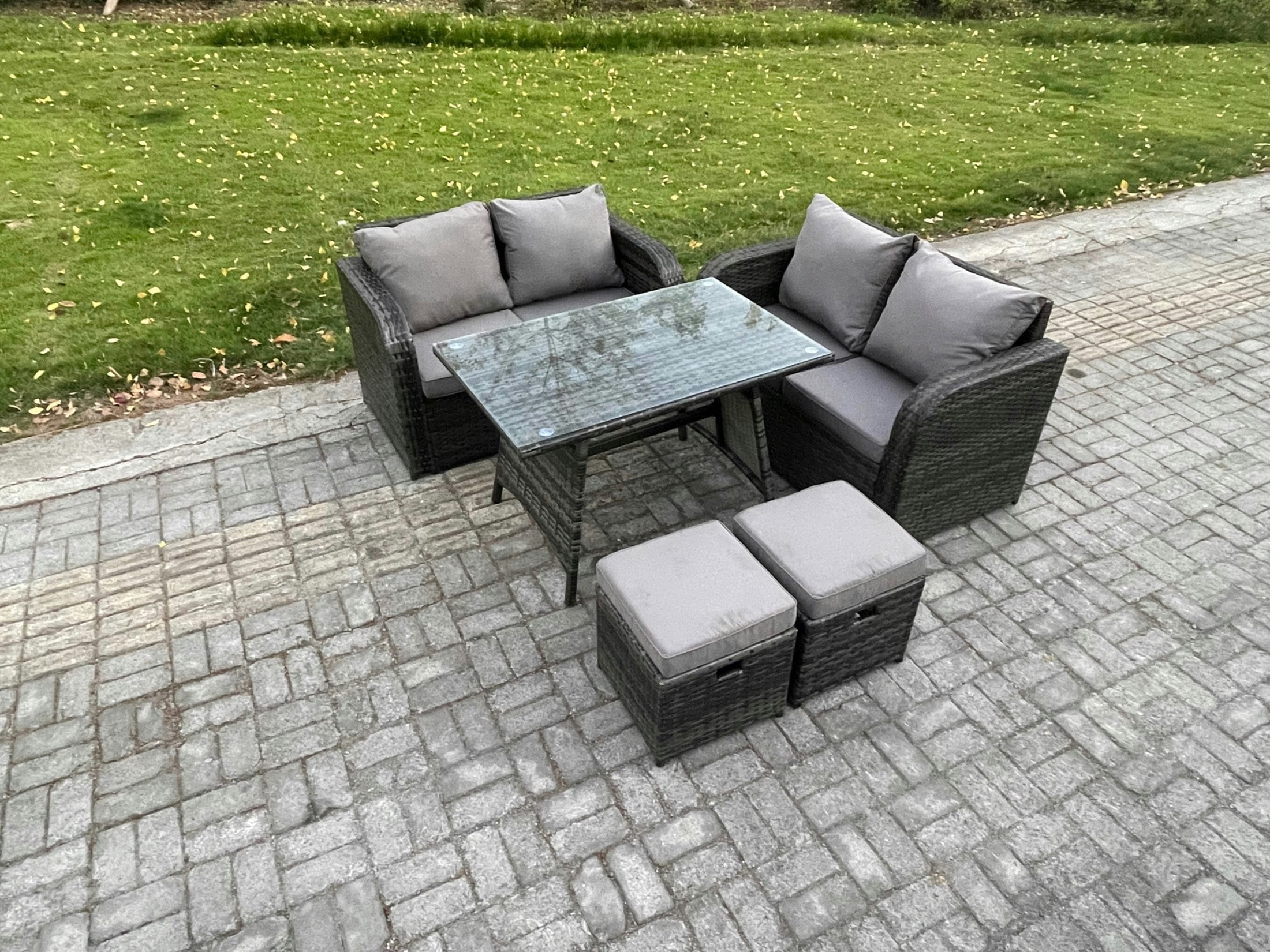 Rackhams Outdoor Garden Furniture Sets 5 Pieces Wicker Rattan Furniture Sofa Sets With Rectangular Dining Table Love Sofa 2 Small Footstool