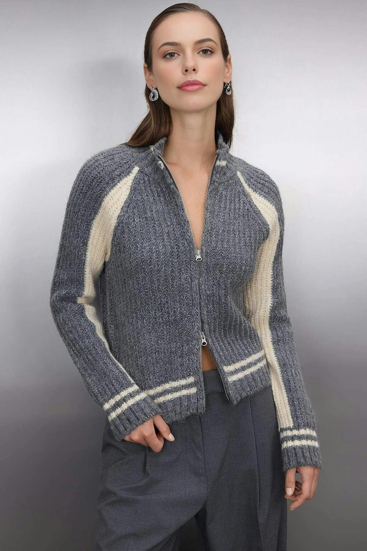 Wovcor Grey Soft Textured Knit Cardigan With Zipper Detail - L