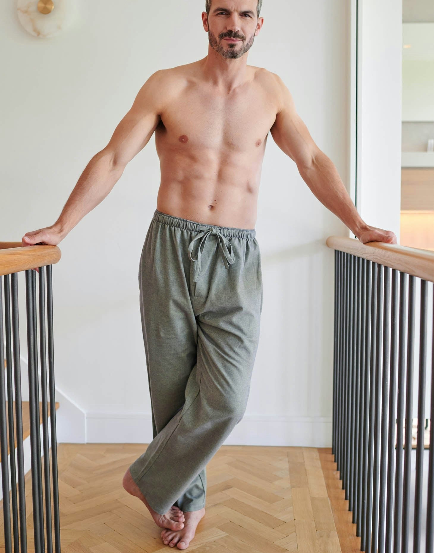 British Boxers Men's Grey/Green Brushed Cotton Pyjama Trousers – Orkney Herringbone - XX-Large