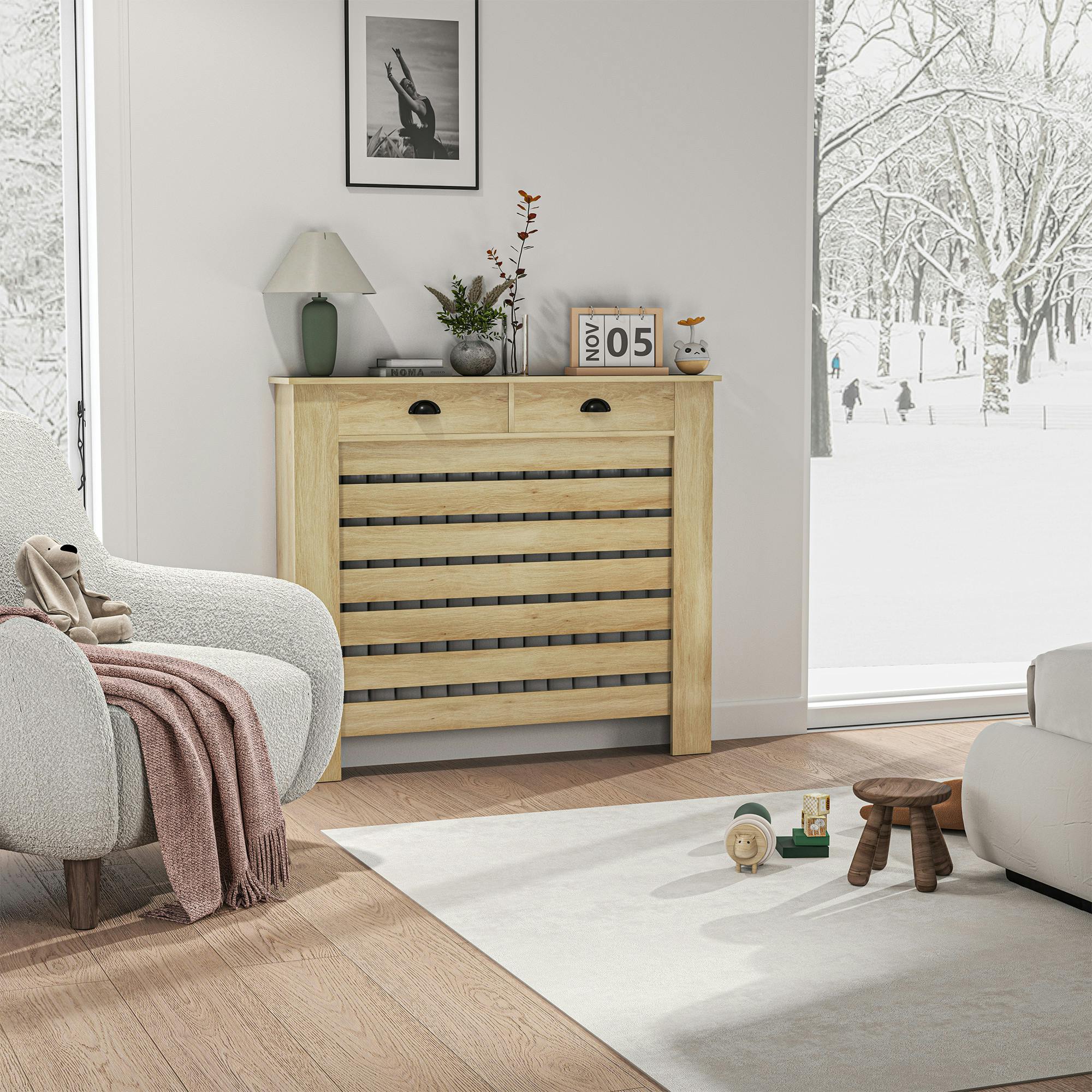 Rackhams Radiator Cover With Drawer, Horizontal Slat, 111Cm - Oak