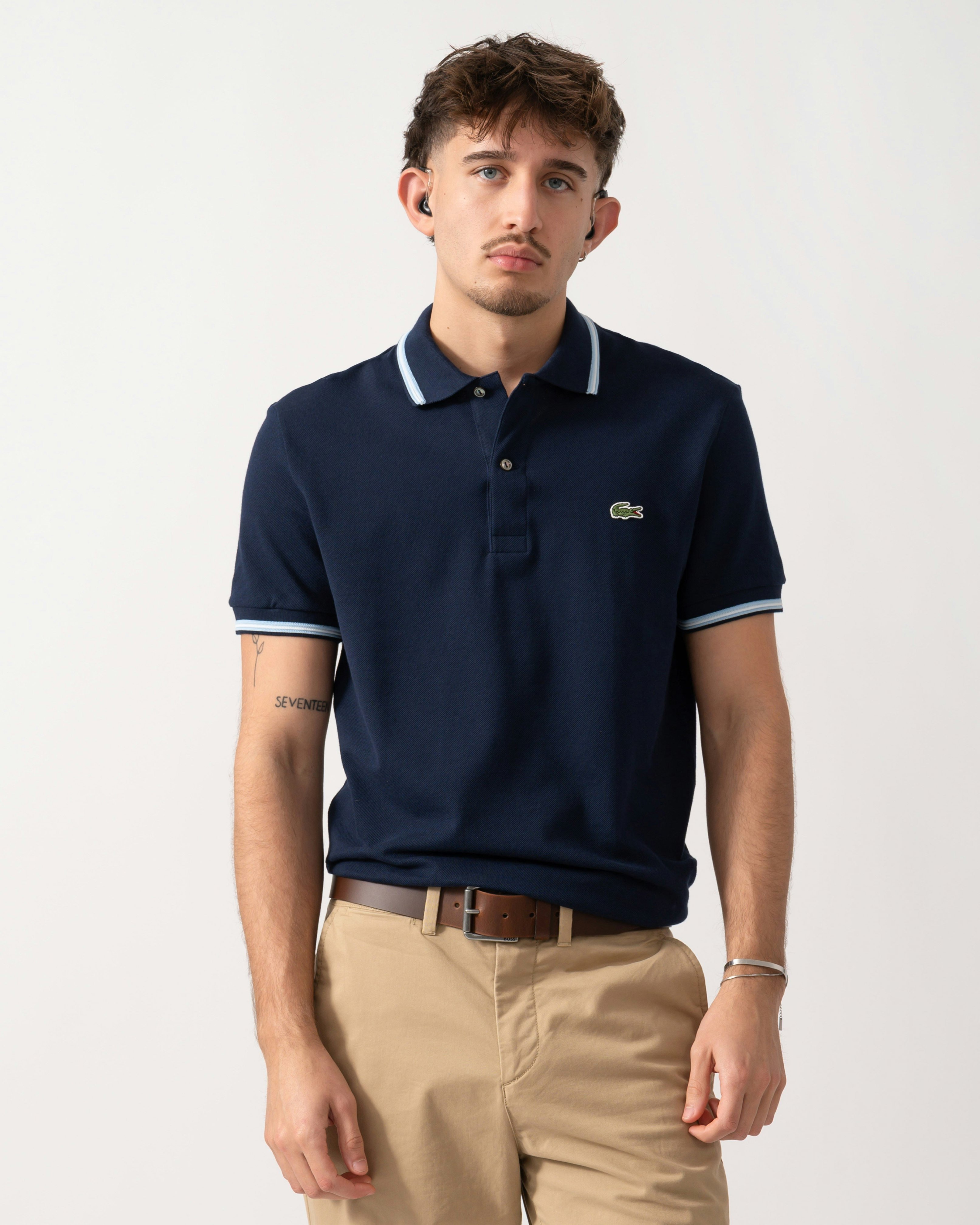 Lacoste Men's Blue Contrast Collar Pique Regular Fit Polo Shirt - Navy - Navy - L