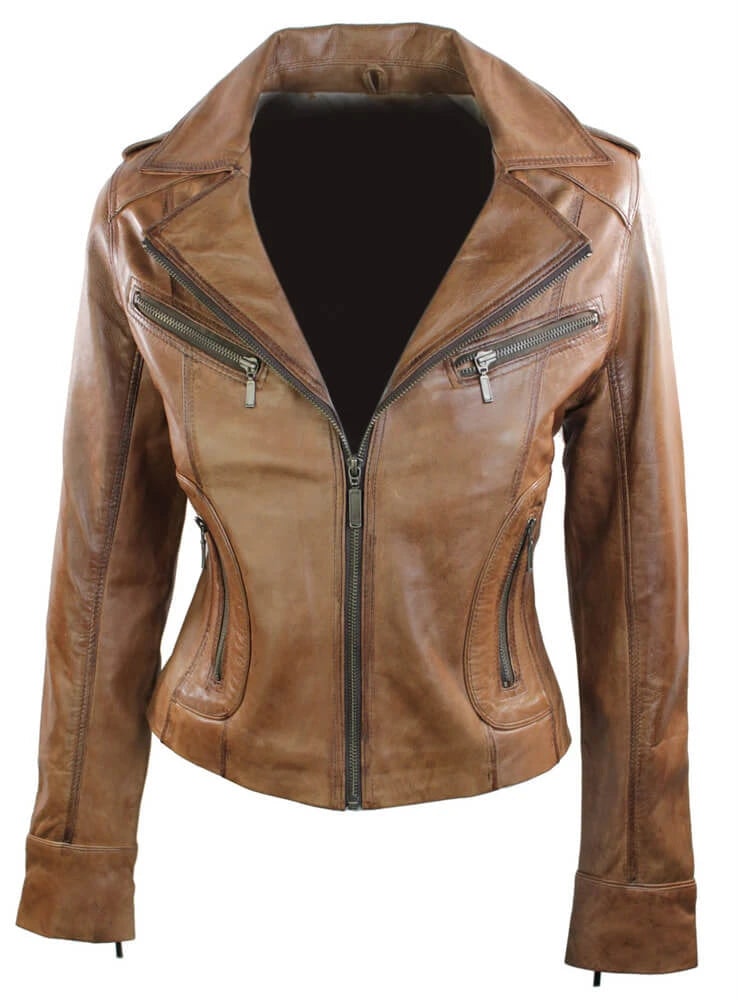 Aviatrix Women's Leather Short Slim Fit Biker Jacket - Timber - Uk 18