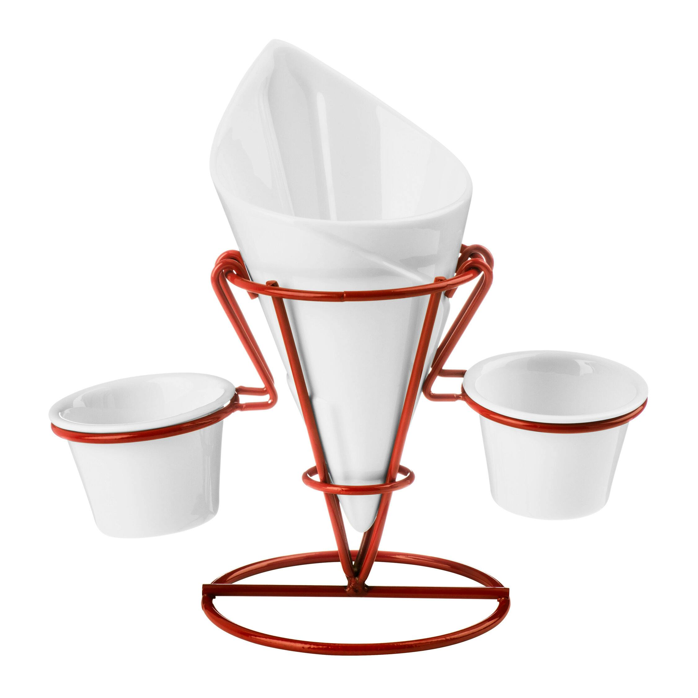Rackhams White/Red Hollywood French Fry Cone With 2 Dip Dishes And Metal Stand