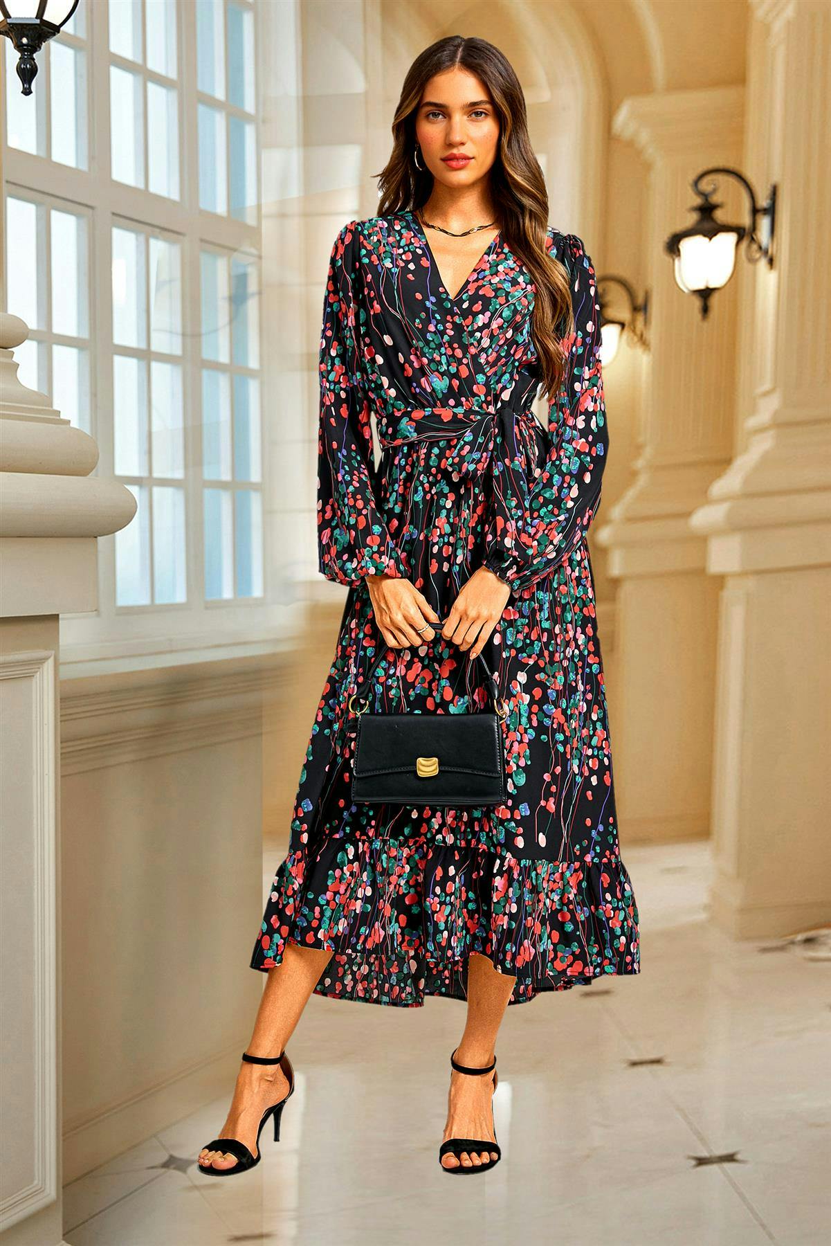 Fs Collection Black Abstract Floral Print Long Sleeve V Neck Wrap Top Midi Dress In - Xl