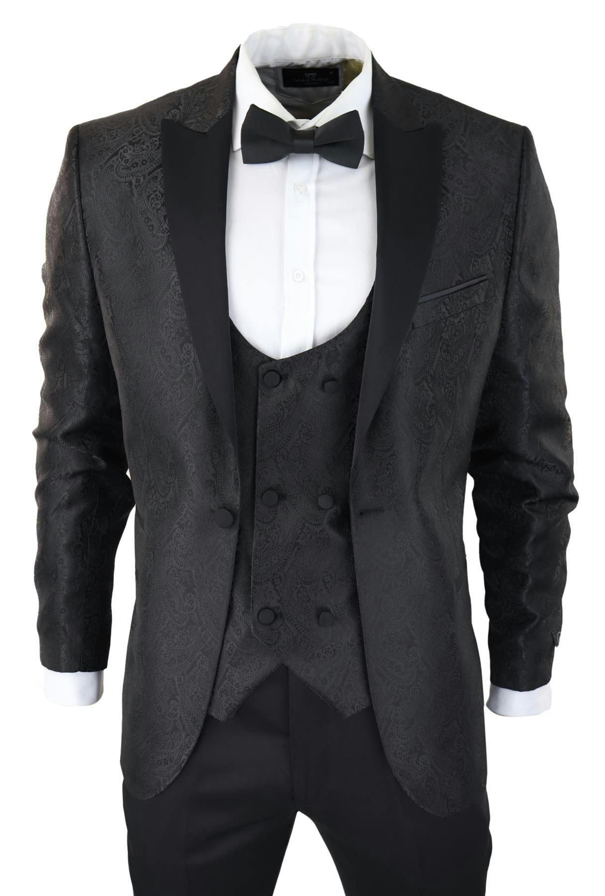 Truclothing Men's Black Tuxedo Blazer Waistcoat Brocade Satin Paisley Formal Dinner Jacket - 44