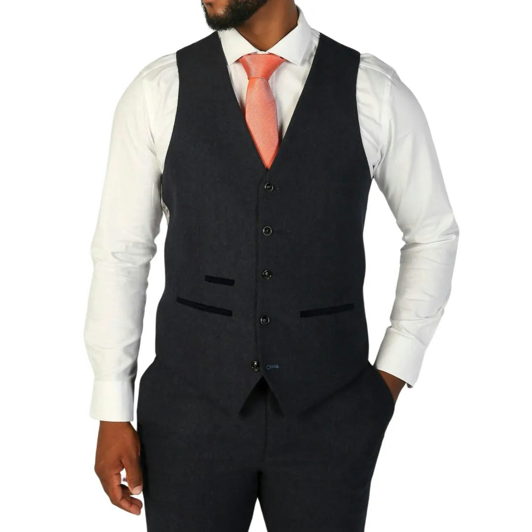 Paul Andrew Men's Blue Oscar - Navy Wool Blend Tweed Waistcoat - 38