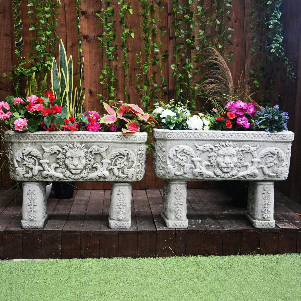 Rackhams Pair Of Lion Design Stone Troughs On Legs
