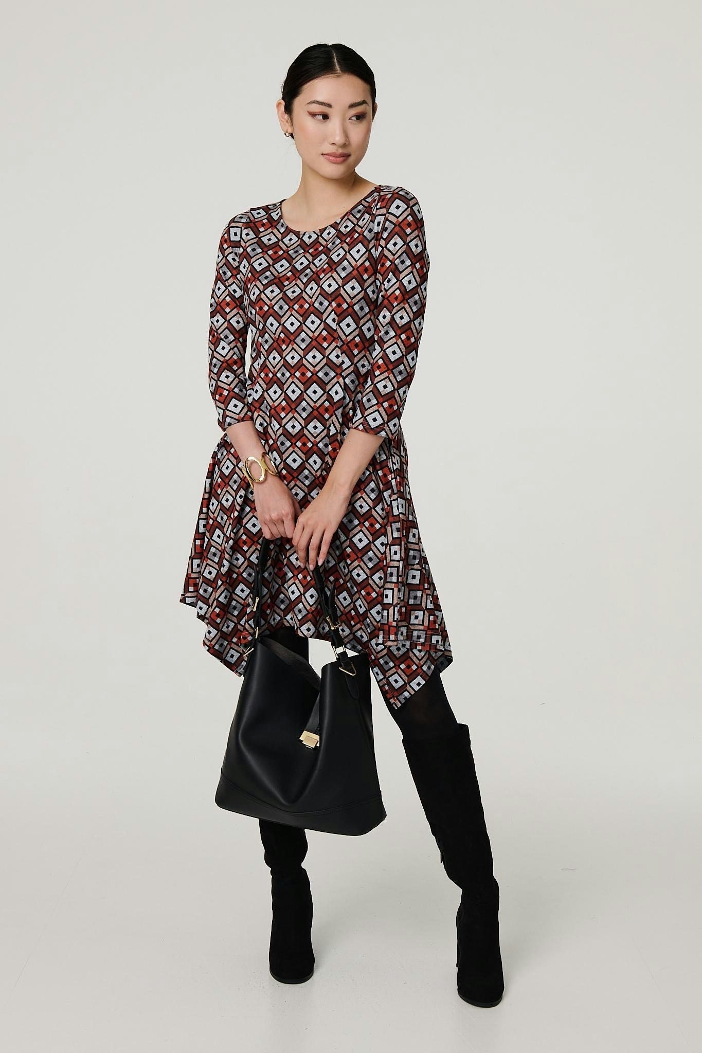 Izabel London Orange Geo Print Hanky Hem Jumper Dress - 12