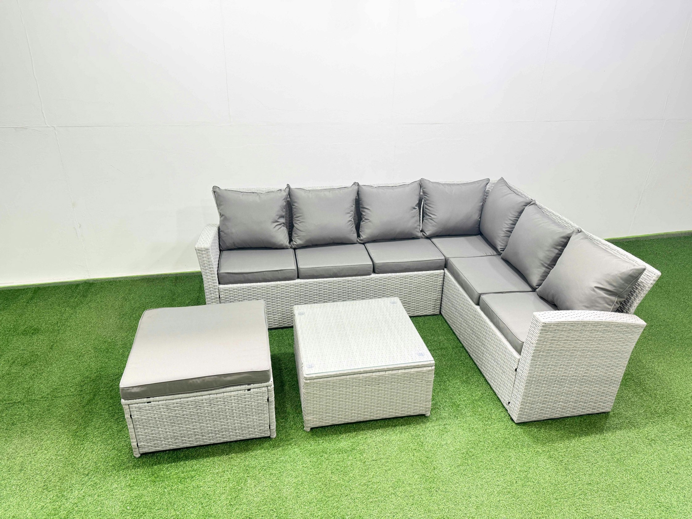 Rackhams Light/Grey Garden Outdoor Pe Rattan Furniture Set 7 Seater Rattan Garden Sofa Set With Square Coffee Table Mixed
