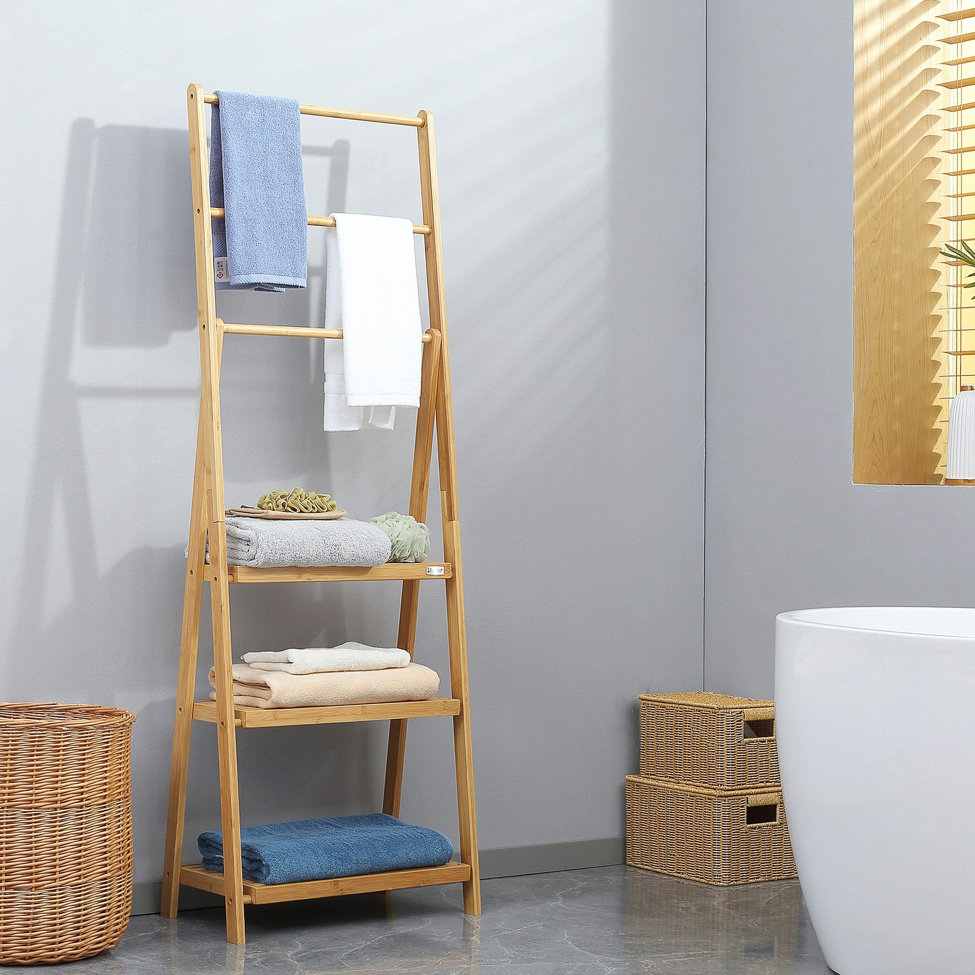Rackhams Foldable Natural Bamboo Towel Rack With 3 Towel Rails And 3 Shelves
