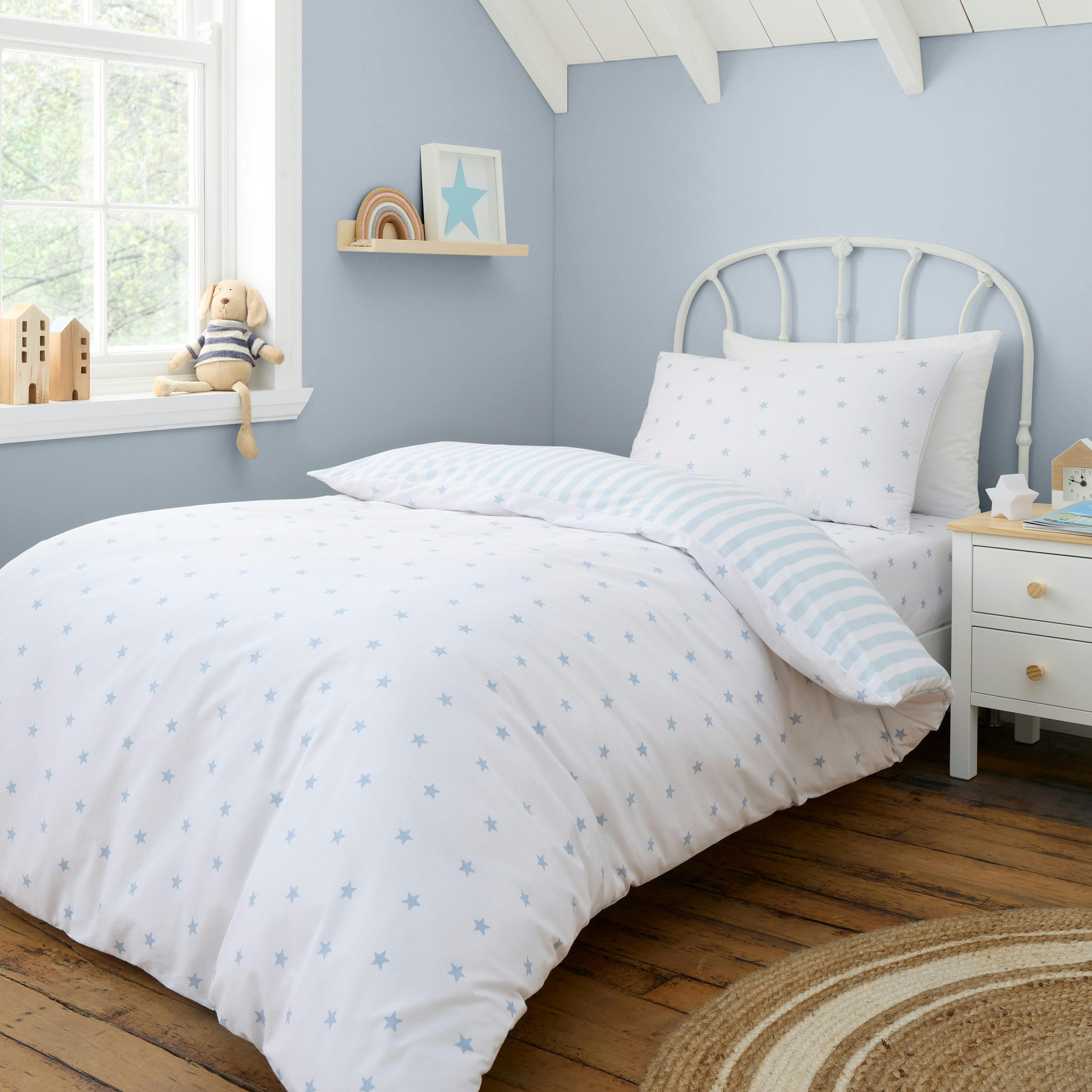 Bianca Blue Mini Star & Stripes Reversible Cotton Duvet Cover Set - Junior