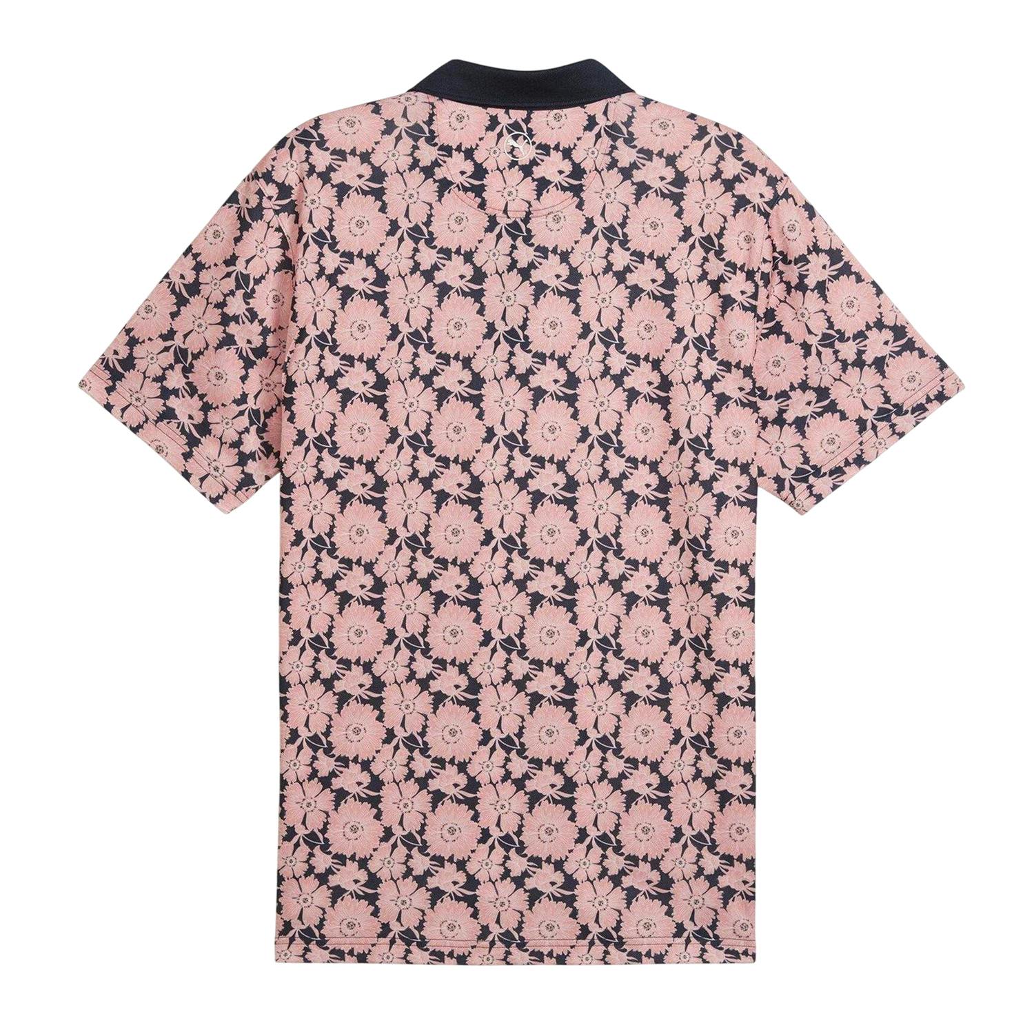 Puma Men's Peach/Blue Fields Flower Pique Performance Polo Shirt - S - 95% Recycled Polyester/5% Elastane