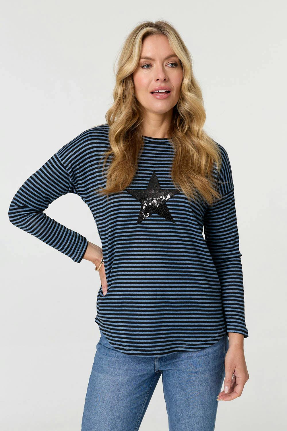 Izabel London Blue Striped Sequin Detail Long Sleeve Top - 16
