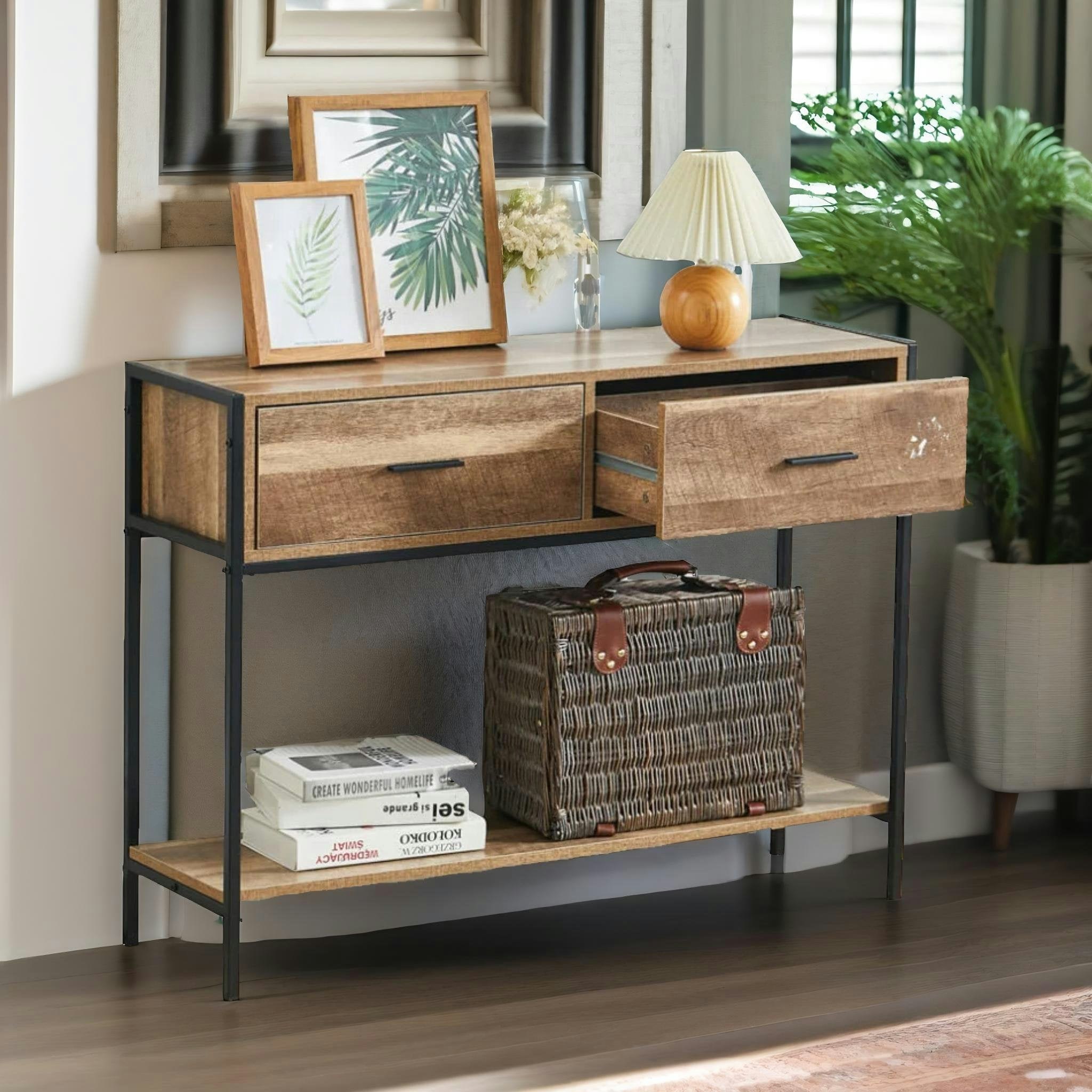 Rackhams Grain Industrial Console Table With 2 Drawers