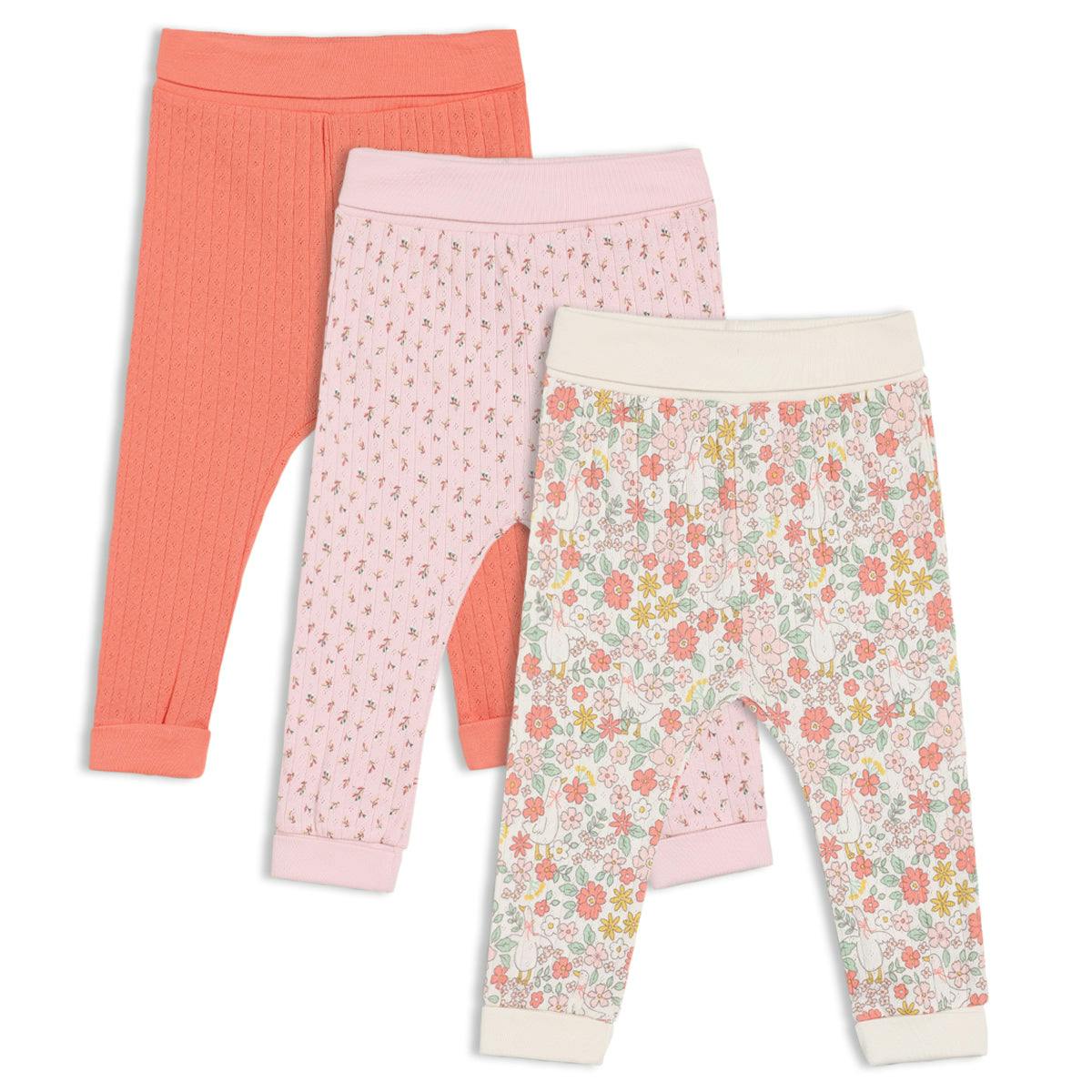 Mini Cuddles Women's Coral/Pink/White Baby Girls 3Pk Floral Printed & Solid Leggings, Multicolour - 12-18 Months