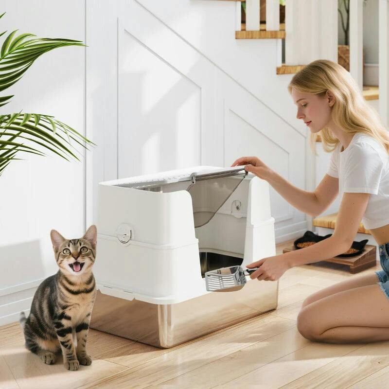 PAWHUT Stainless Steel, XL Cat Litter Tray, Dual Entry, Light Grey | Size: 2XL - Image 4